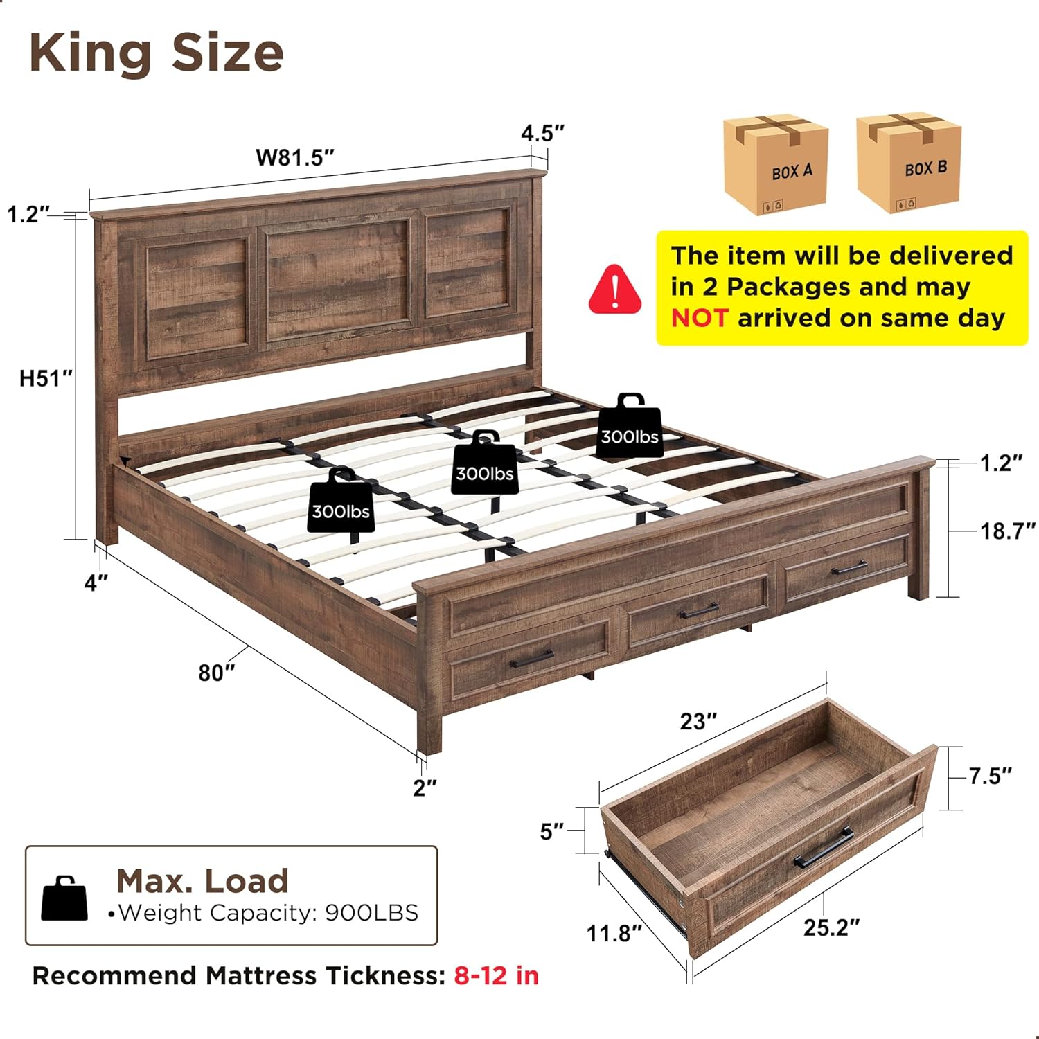 King Size Farmhouse Wood Platform Bed Frame with Storage Drawers