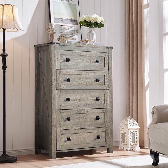 T4TREAM Farmhouse 5 Drawer Dresser - Rustic Wood Chest