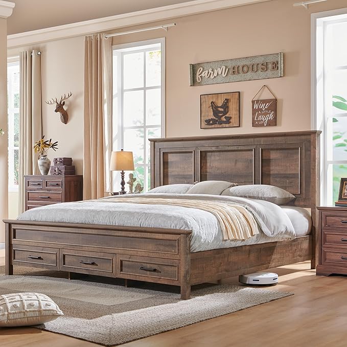 King Size Farmhouse Wood Platform Bed Frame with Storage Drawers