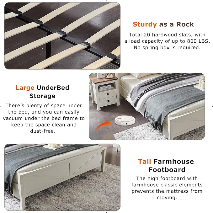 Farmhouse Full Size Bed Frame with Bookcase Headboard and Charging