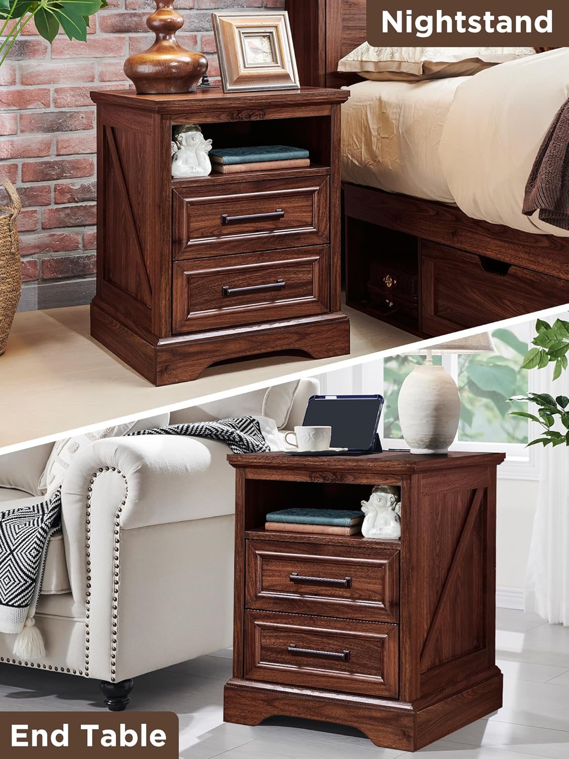Farmhouse Nightstand with Charging Station - End Table with Drawers