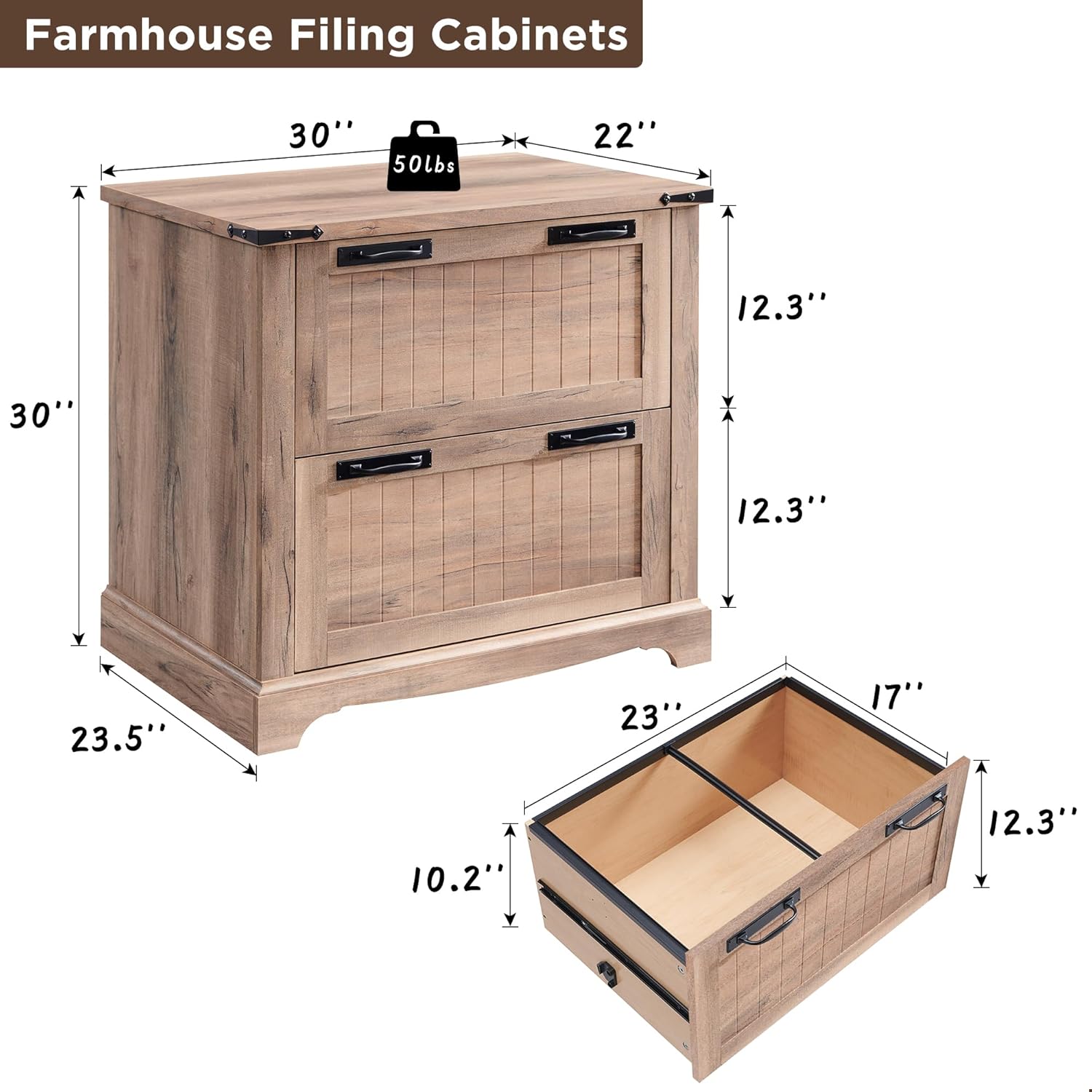 RedLemon Farmhouse 2-Drawer Filing Cabinet - Rustic Oak Finish