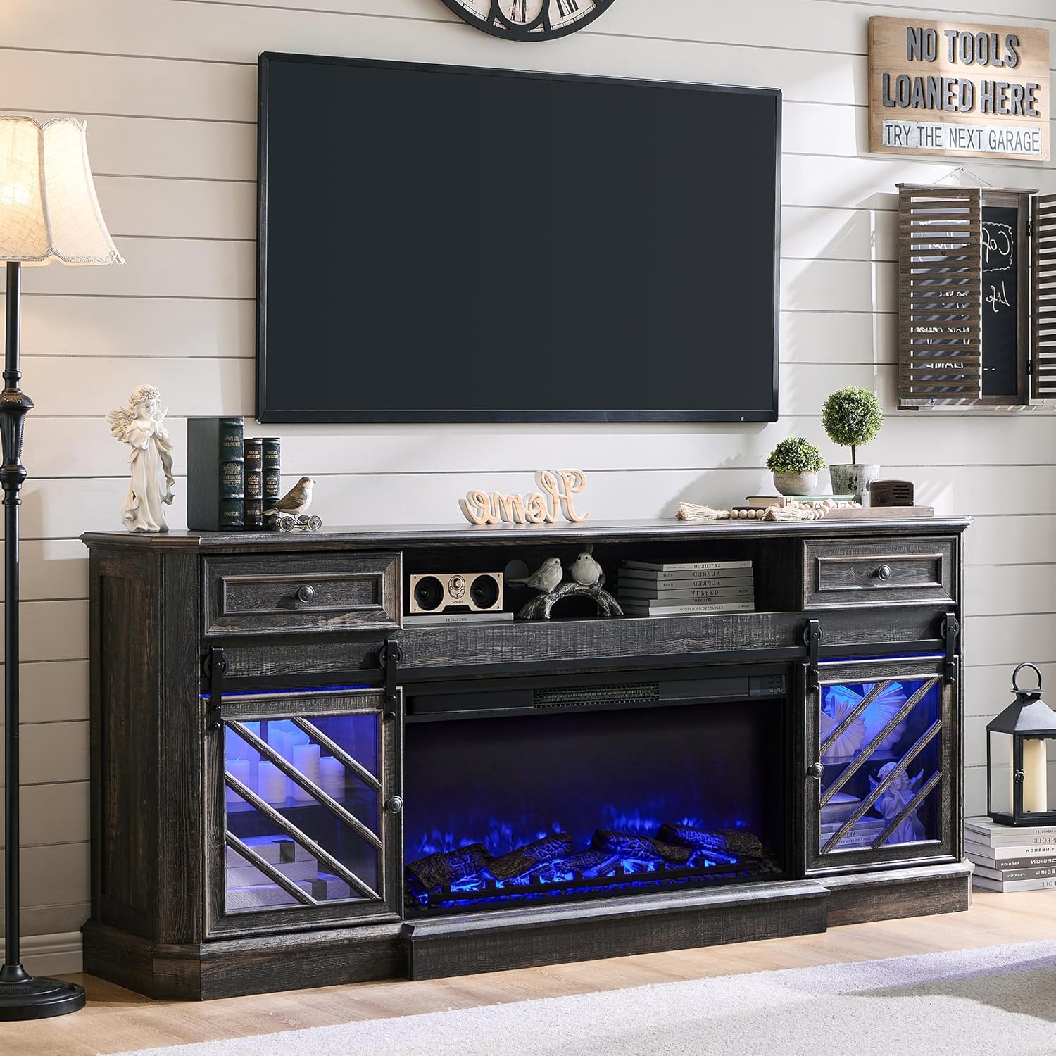 75" Rustic Oak Fireplace TV Stand for 85 Inch TV