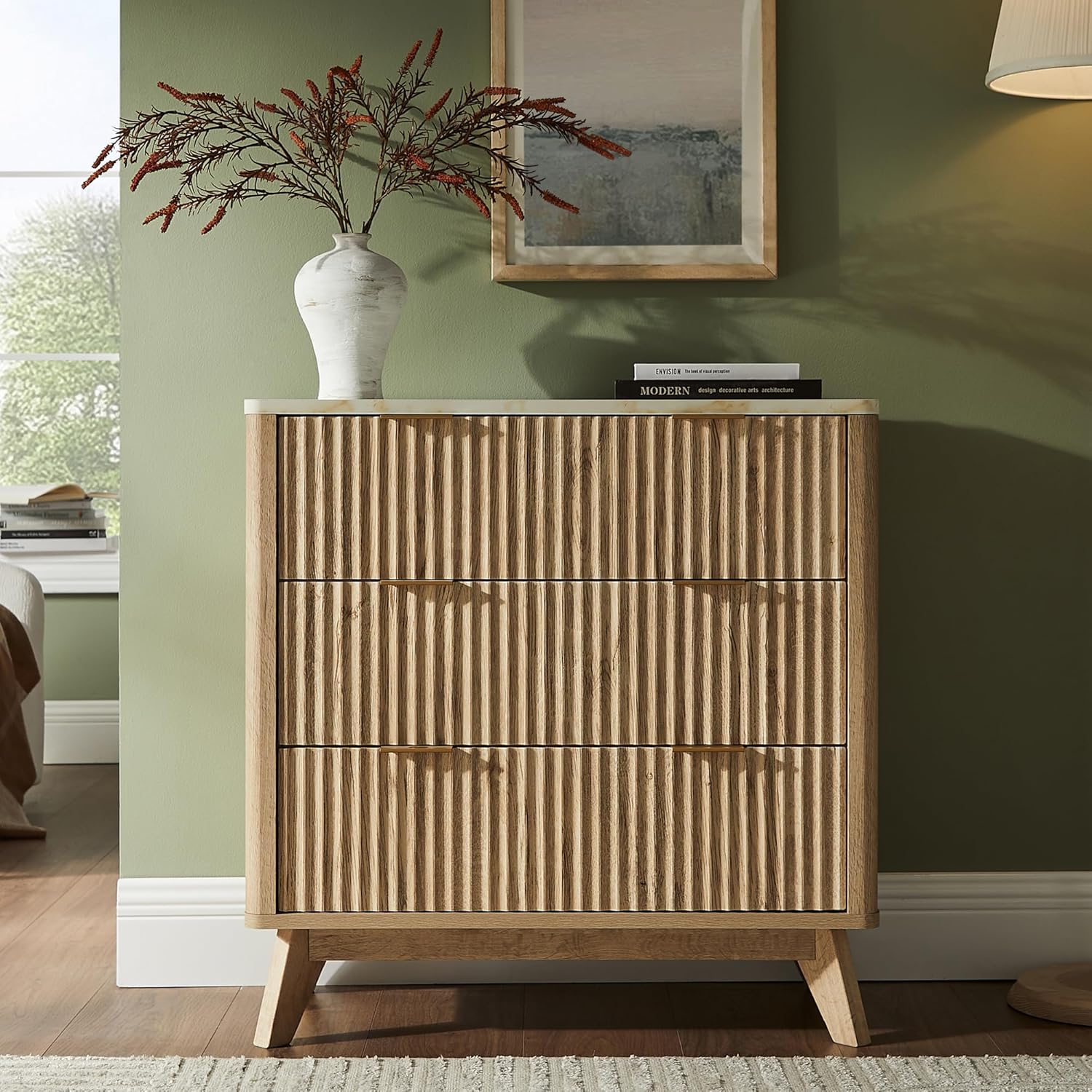 T4TREAM Fluted 3-Drawer Dresser: Modern Chest with Faux Marble Top