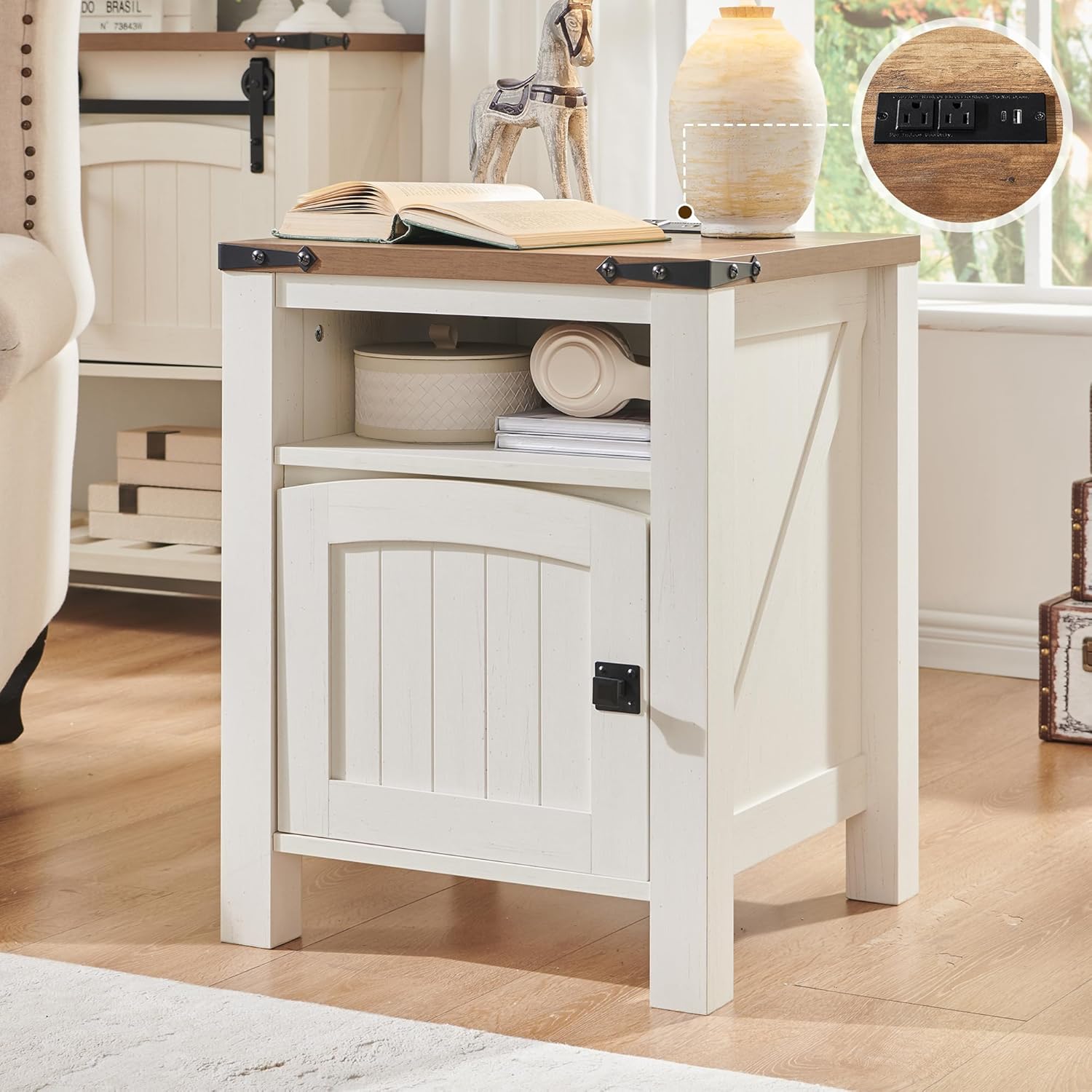 OKD Farmhouse Nightstand with Charging Station Rustic End Table