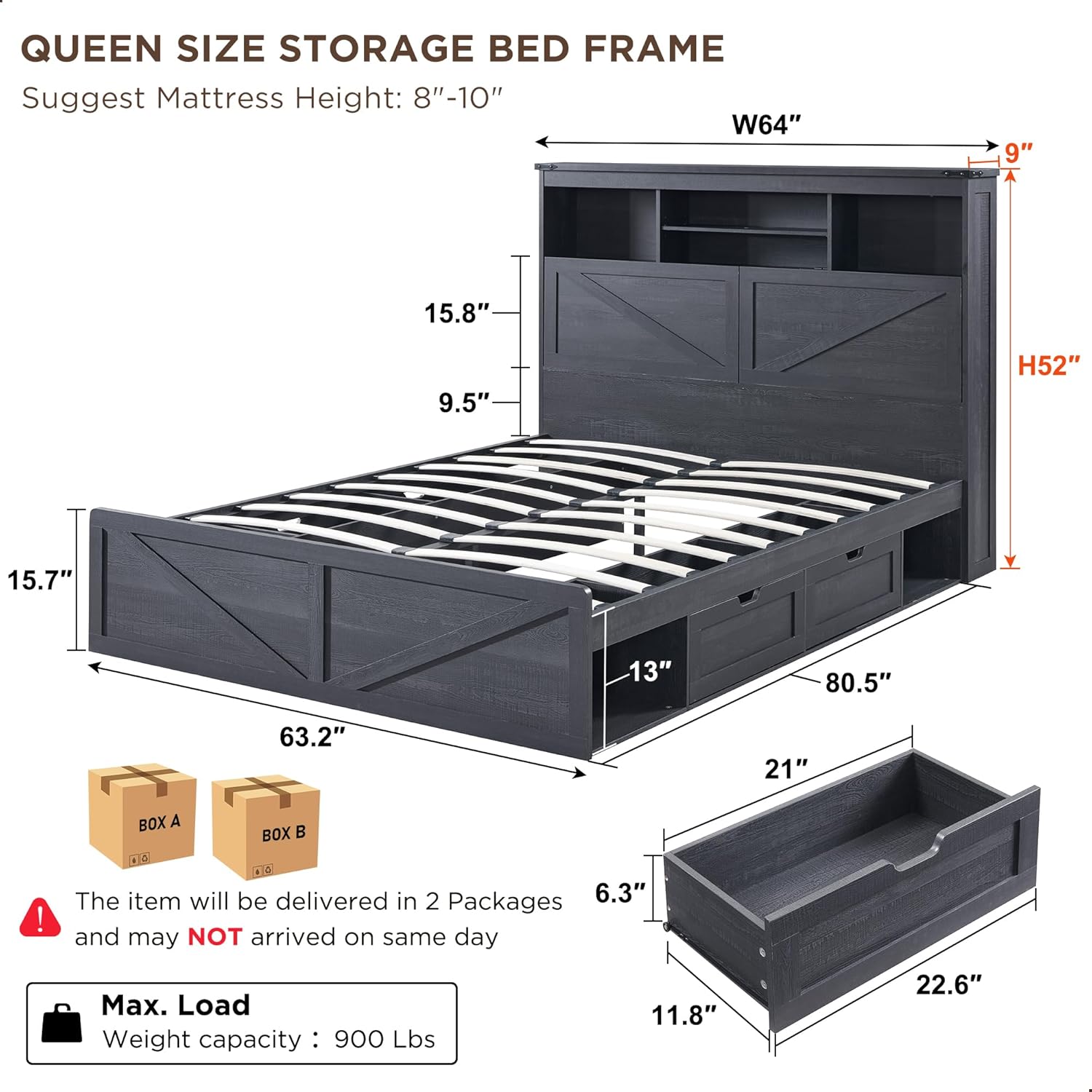 Farmhouse Queen Bed Frame with Headboard, USB Ports and Drawers