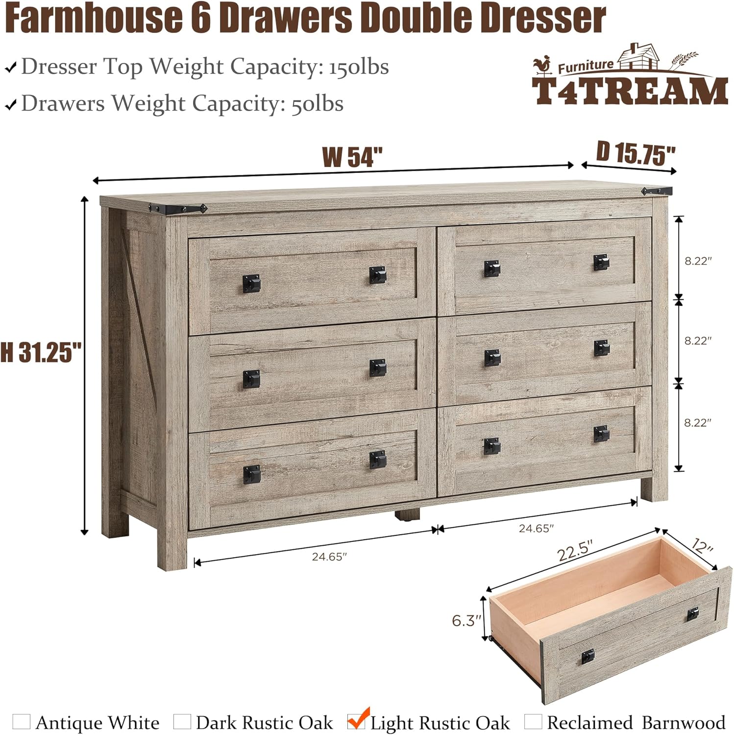 Rustic Farmhouse 6-Drawer Wood Dresser | Bedroom Storage Organizer