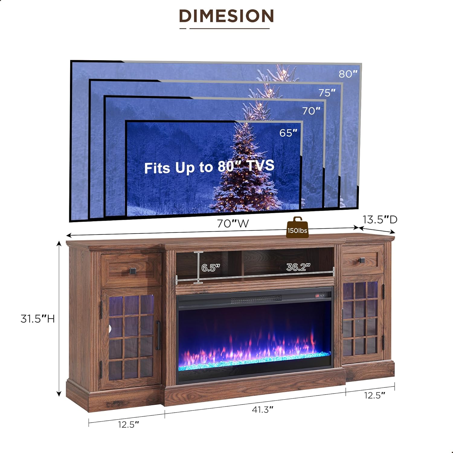 Farmhouse Highboy Entertainment Center with LED Lights and Electric Fireplace