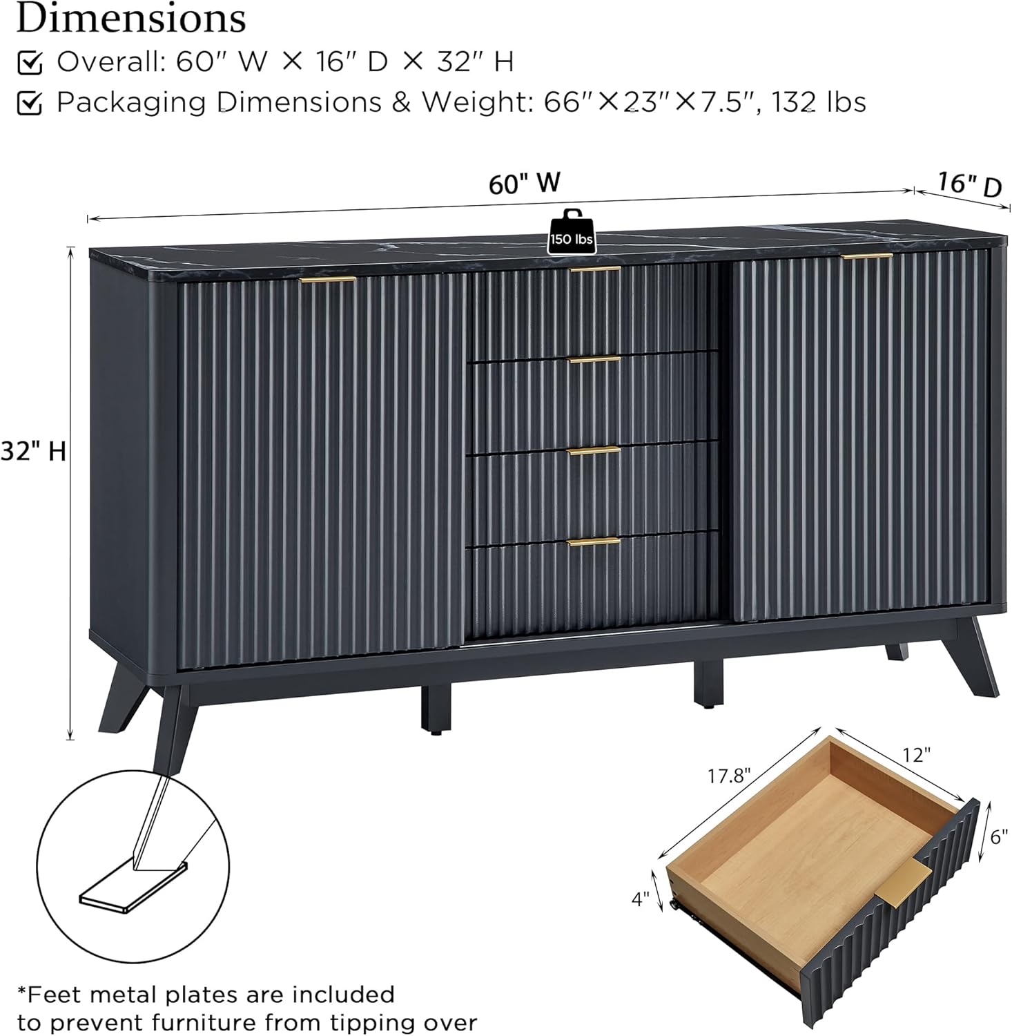 Modern Fluted Dresser 60 Inch with Sliding Doors and Drawers