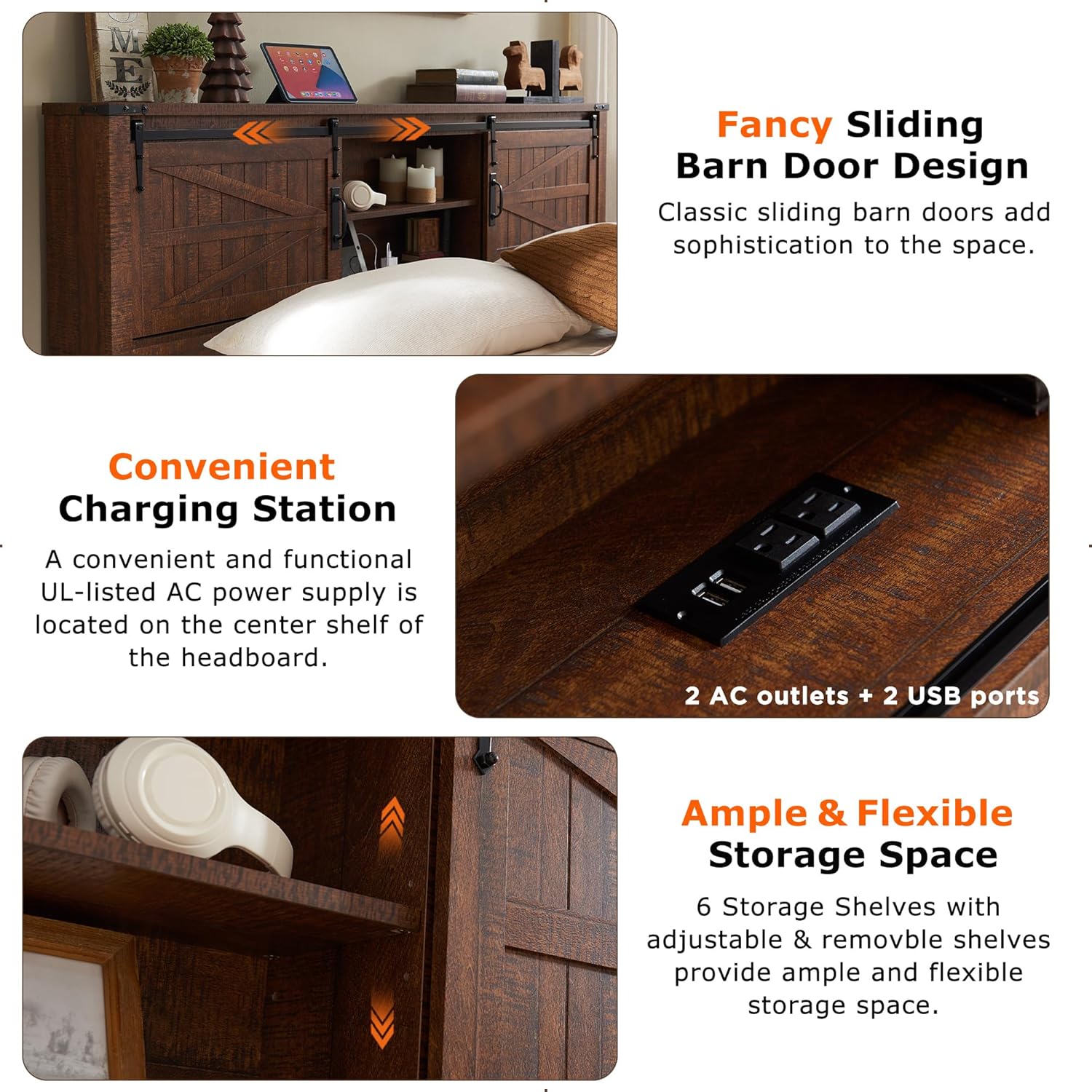 Rustic Farmhouse King Bed Frame with Bookcase Headboard and Charging Station