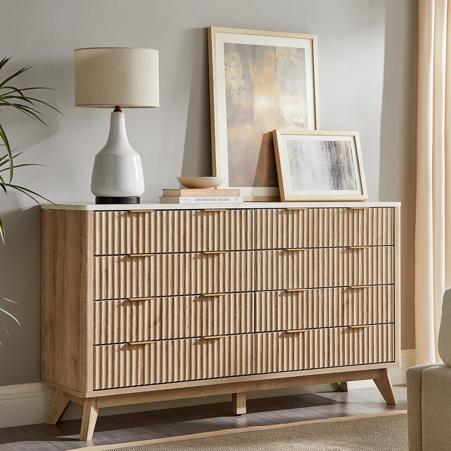 Modern Fluted 8-Drawer Dresser, Wide Chest with Faux Marble Top