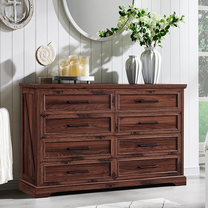 Rustic Farmhouse 8 Drawer Dresser Chest: Wide Wood Organizer