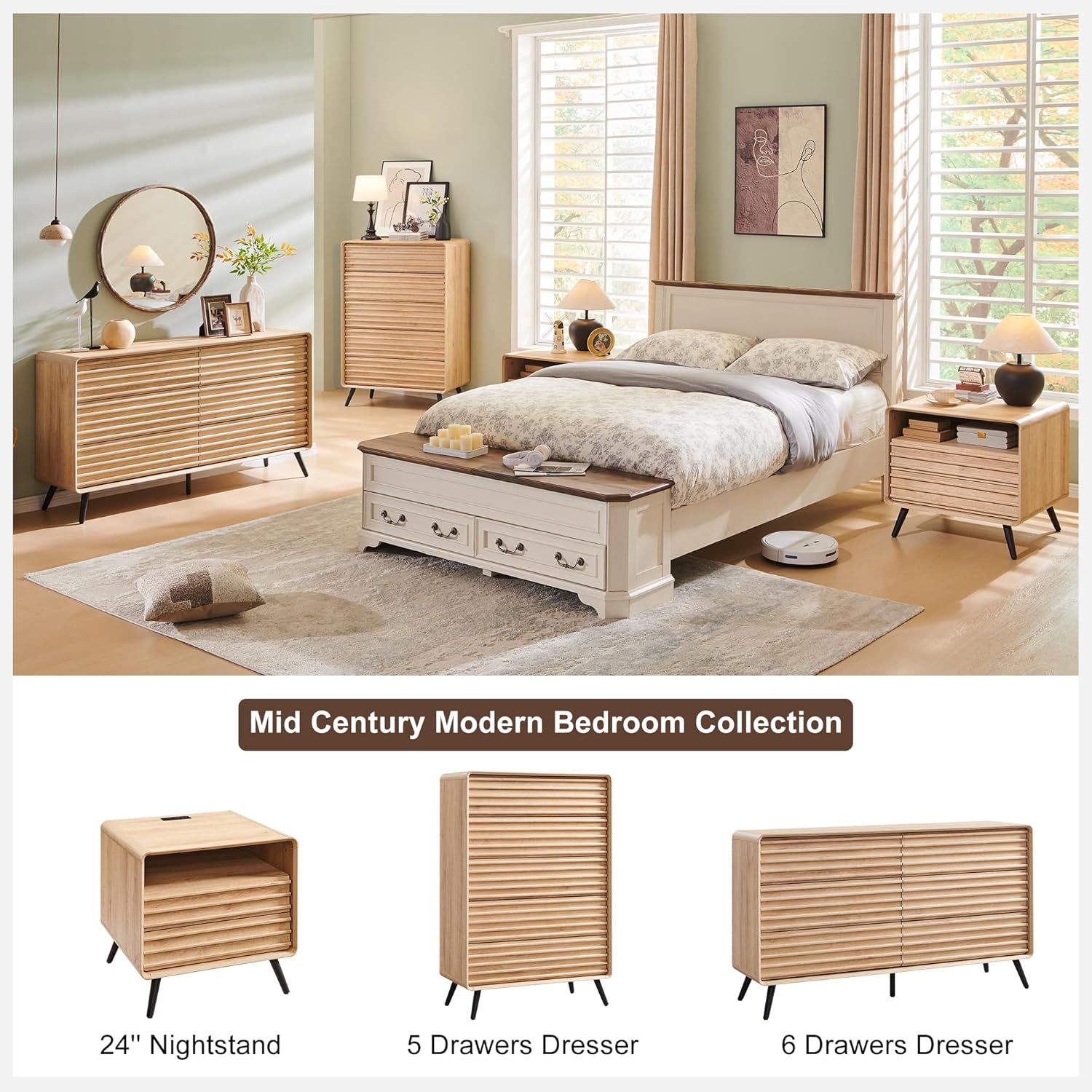 RedLemon Mid Century Nightstand with Charger Station & Two Drawers
