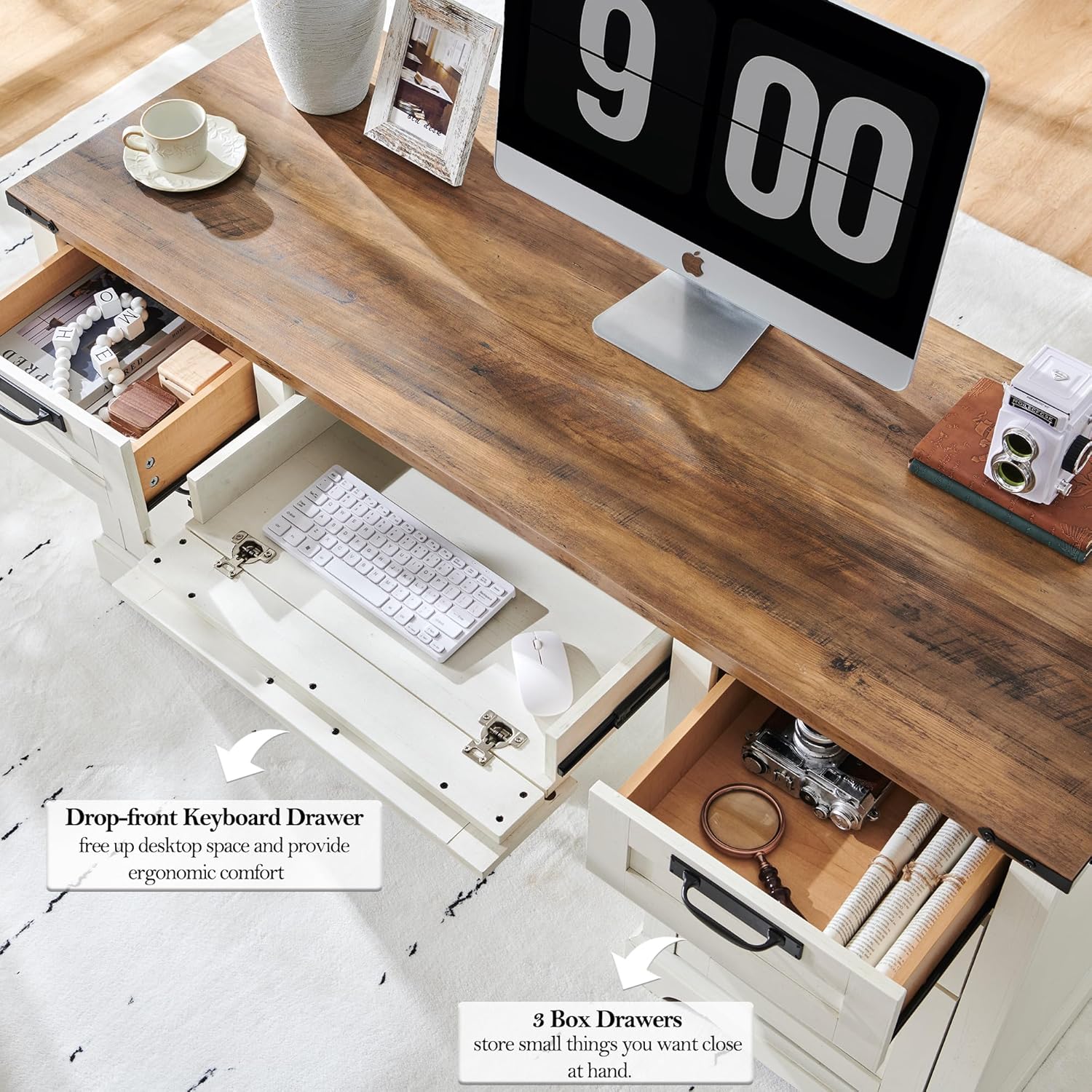 Farmhouse Executive Desk 60" with Charging Station, Antique White