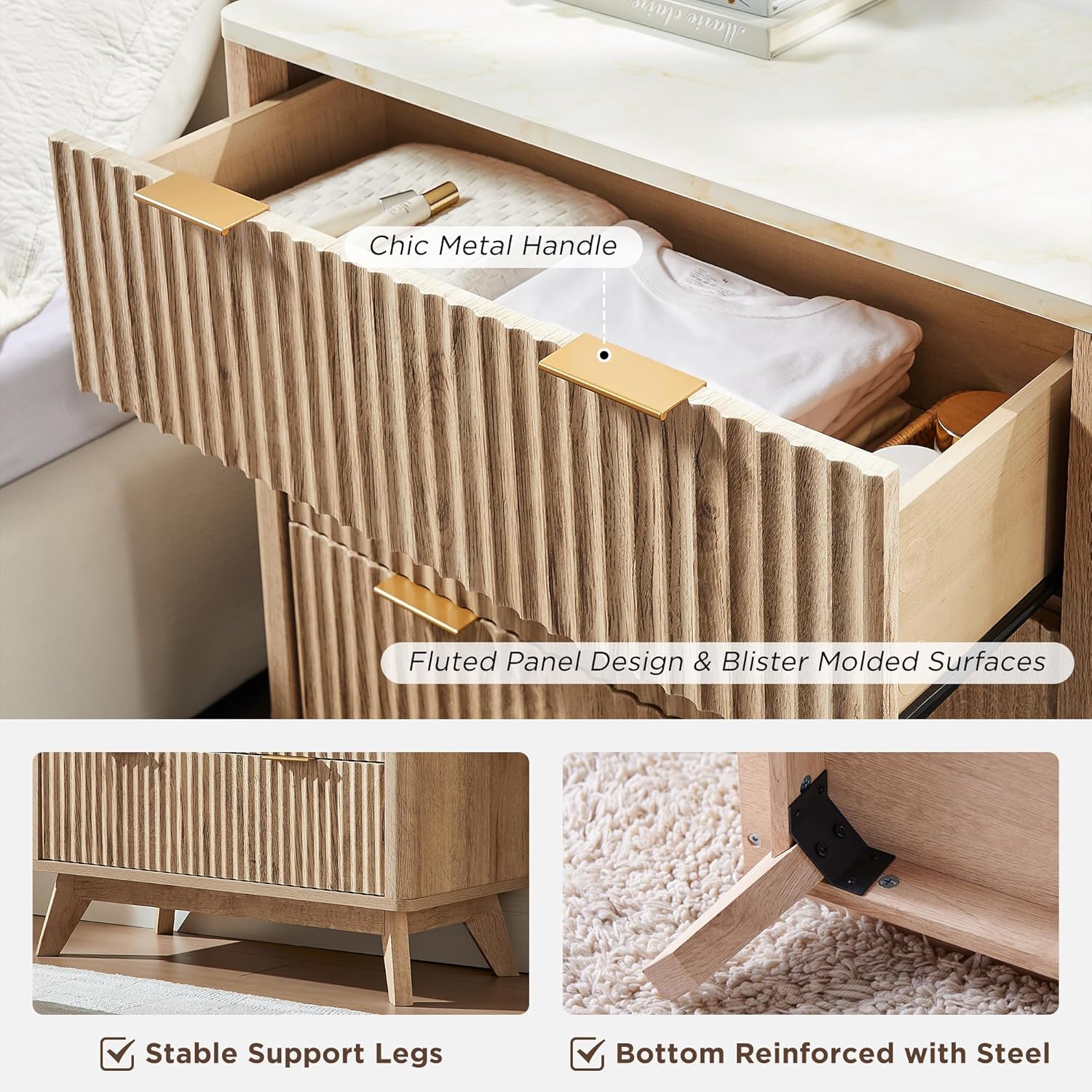 T4TREAM Fluted 3-Drawer Dresser: Modern Chest with Faux Marble Top