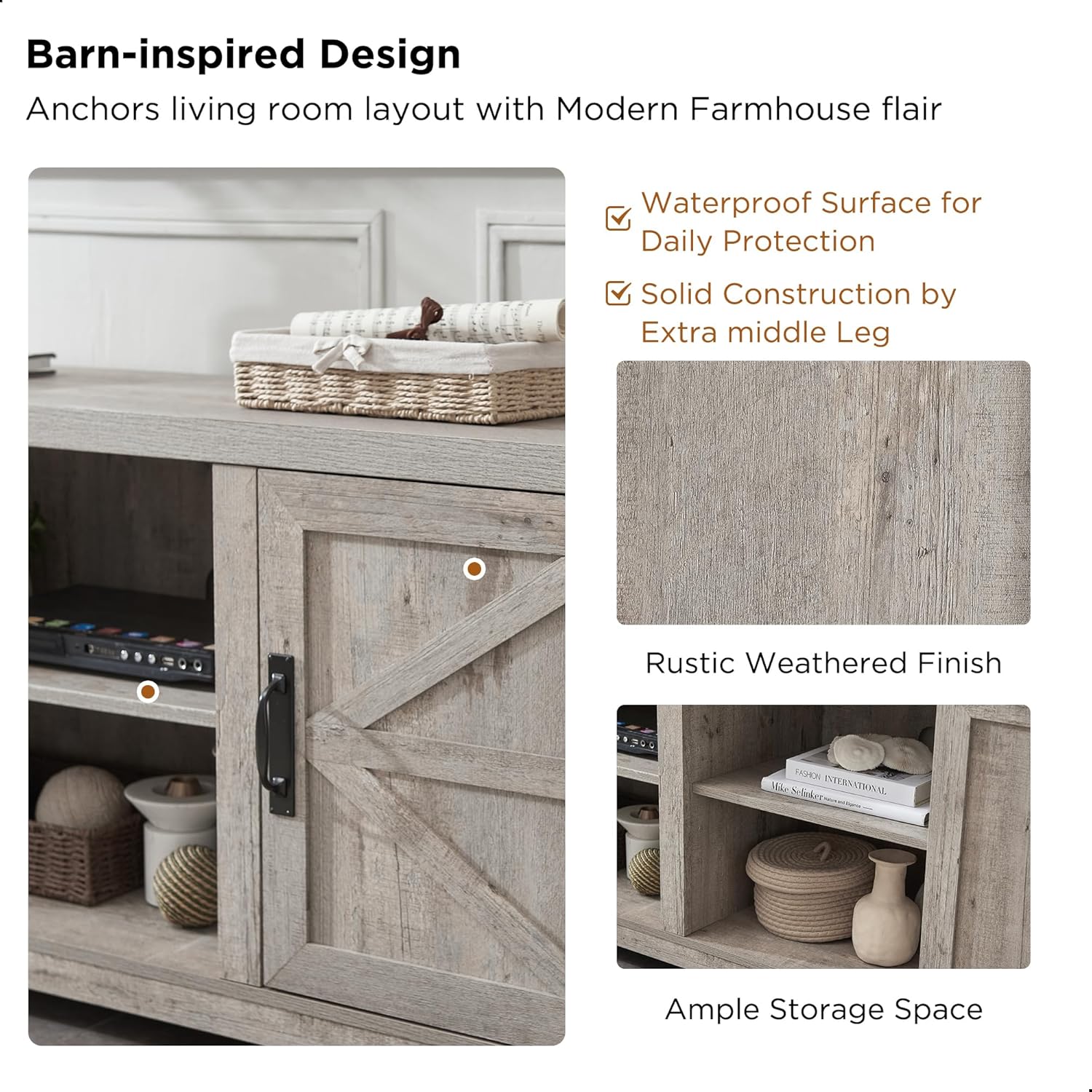 T4TREAM Farmhouse TV Stand with Barn Doors, Gray Wash