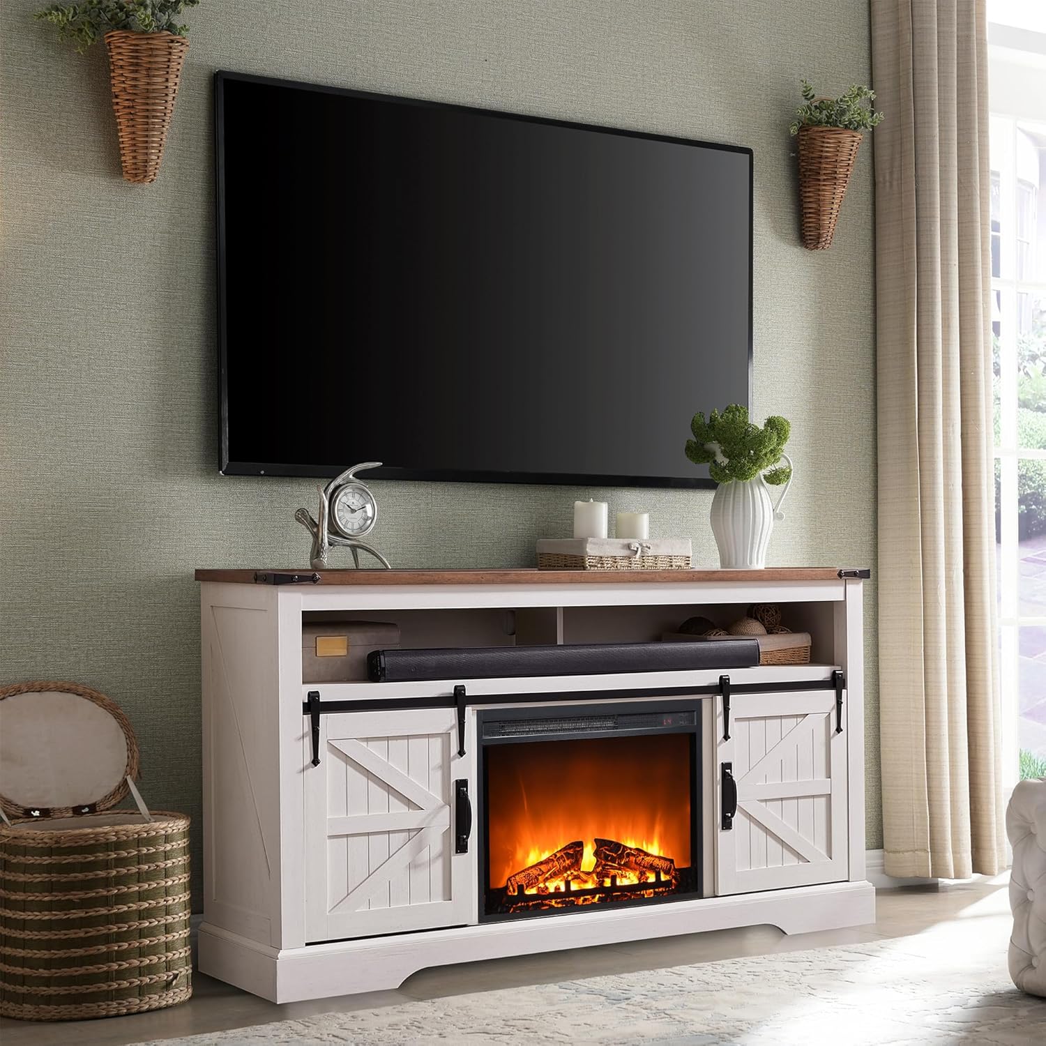 OKD Fireplace TV Stand for 65+ Inch TV, Farmhouse Style