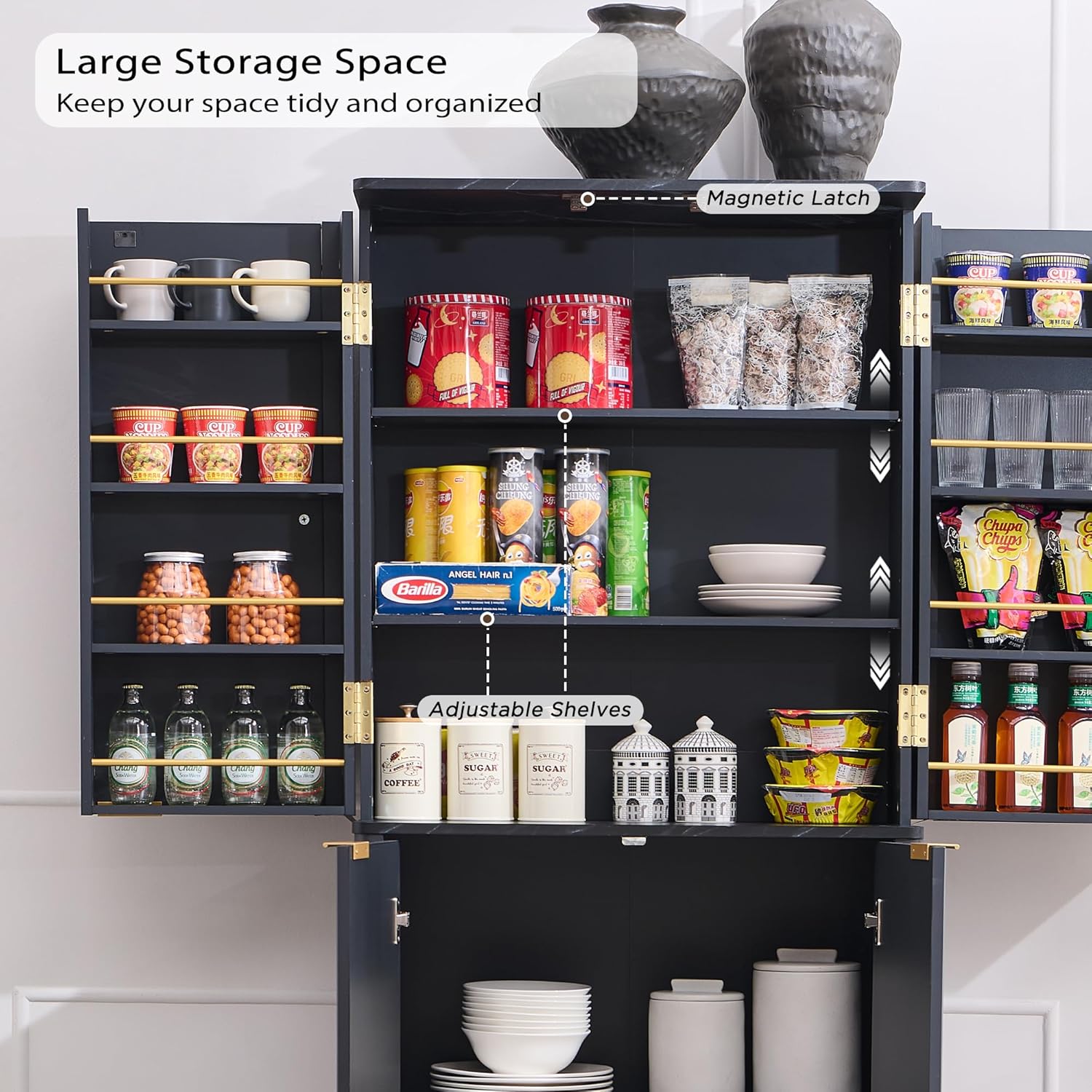 72" Mid-Century Modern Fluted Kitchen Pantry Cabinet, Dark Grey