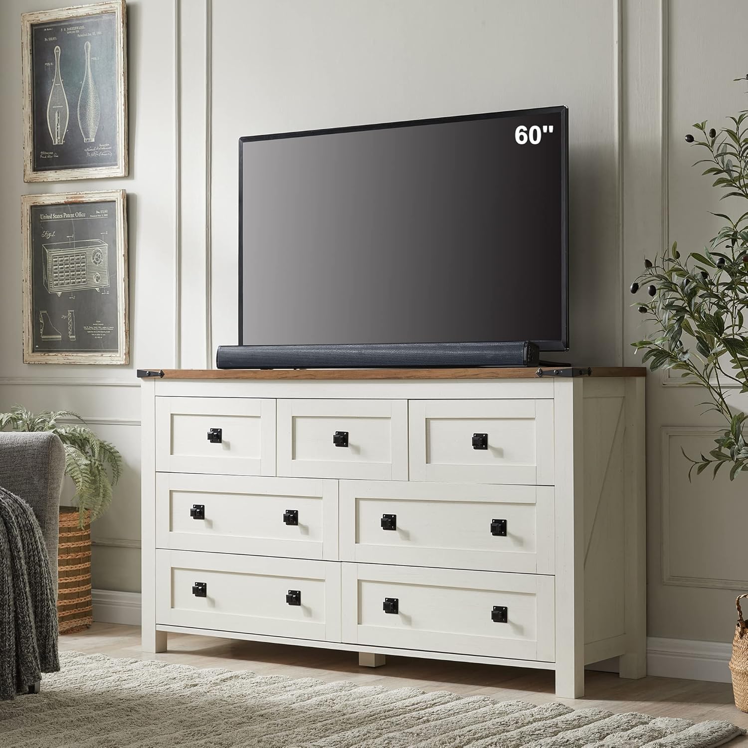 T4TREAM Farmhouse Antique White 7-Drawer Dresser, TV Stand, Organizer