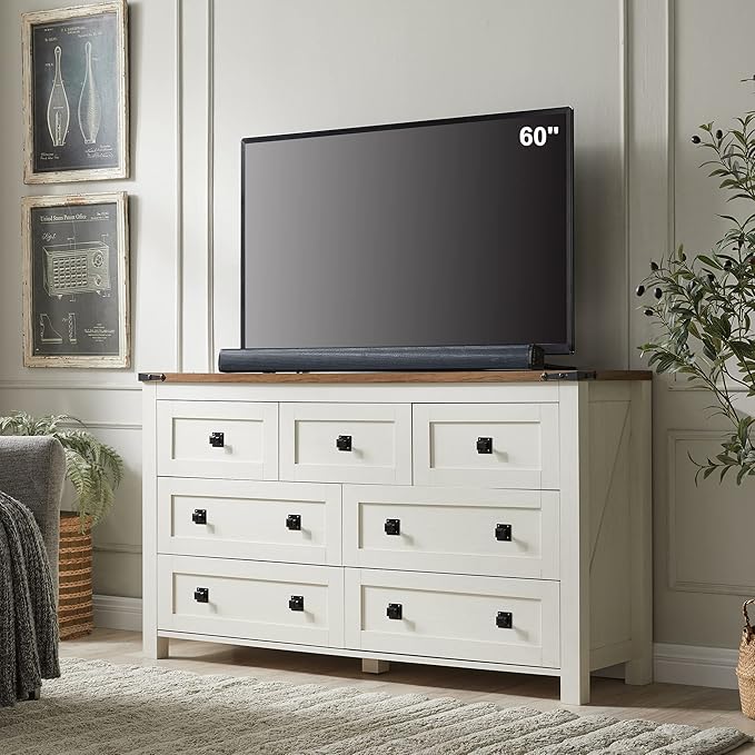 T4TREAM Farmhouse Antique White 7-Drawer Dresser, TV Stand, Organizer