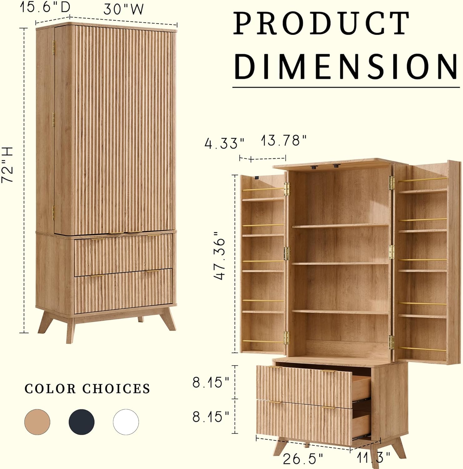 OKD Fluted Natural Oak Pantry Cabinet, 72" Kitchen Hutch