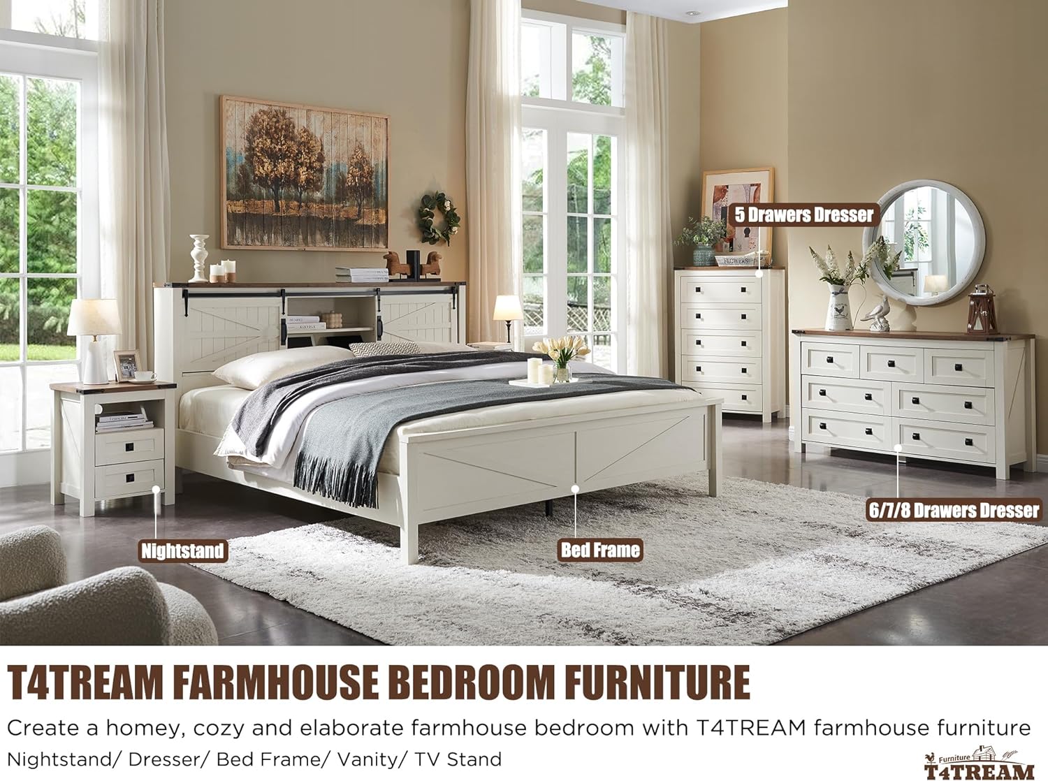 T4TREAM Farmhouse Antique White 7-Drawer Dresser, TV Stand, Organizer
