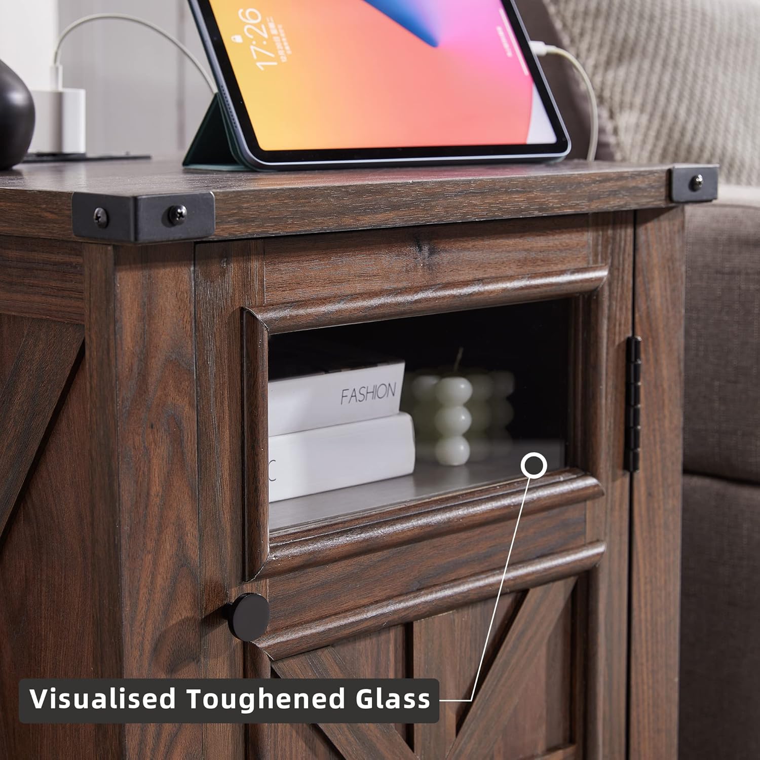 Farmhouse End Table with Charging Station Rustic Barn Door Nightstand