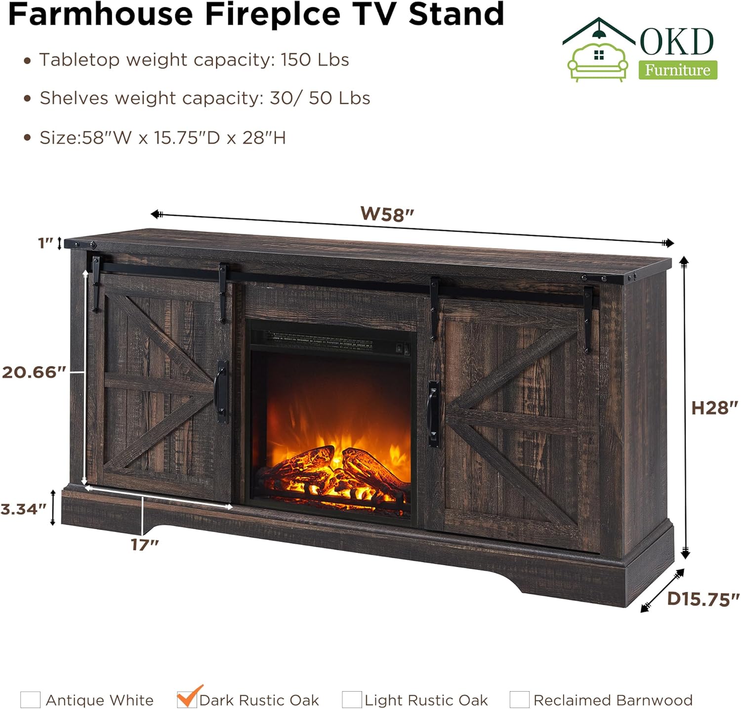 OKD Farmhouse TV Stand with Fireplace for TVs Up To 65 Inch