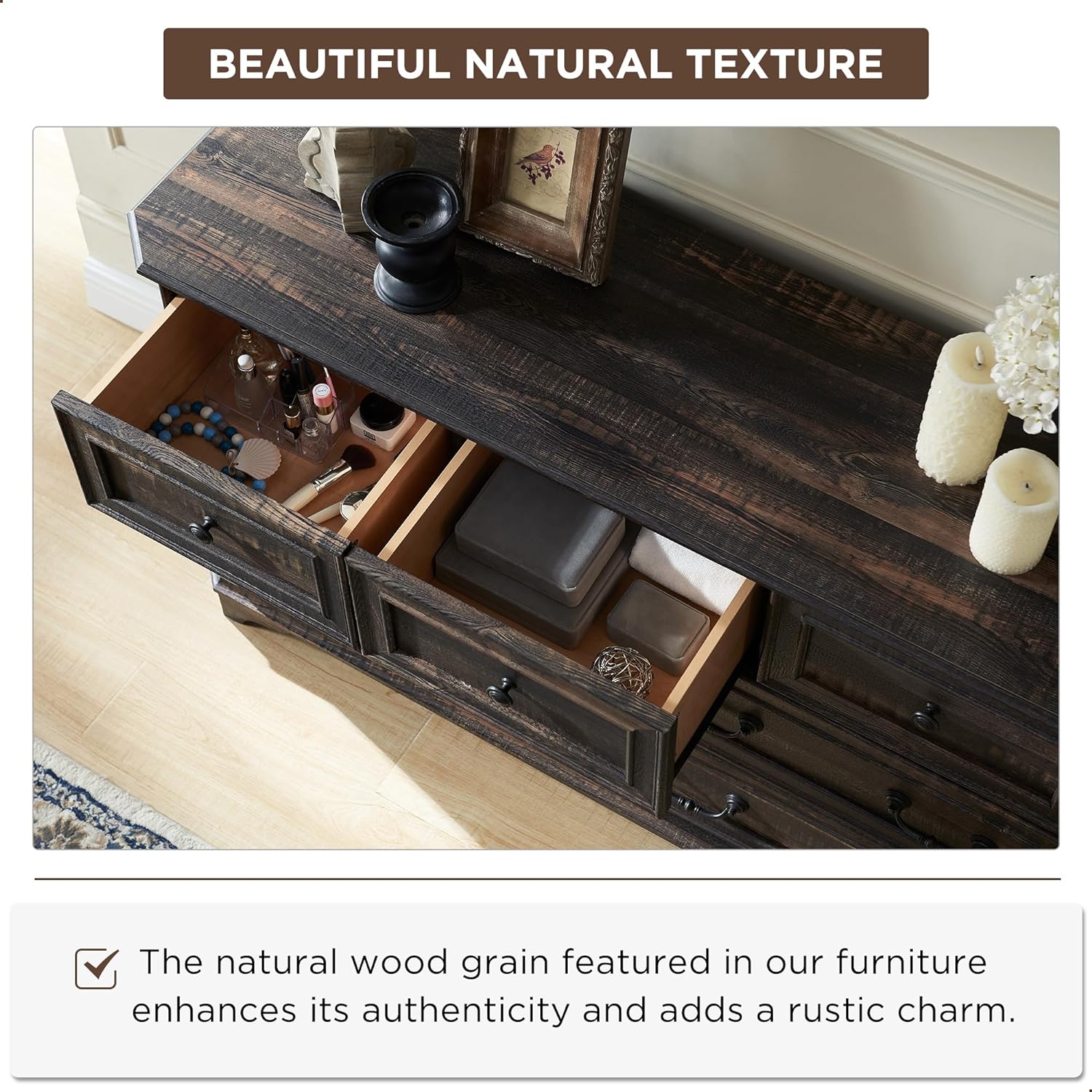 Farmhouse 7 Drawer Dresser Wide Wood Rustic Chest Organizer