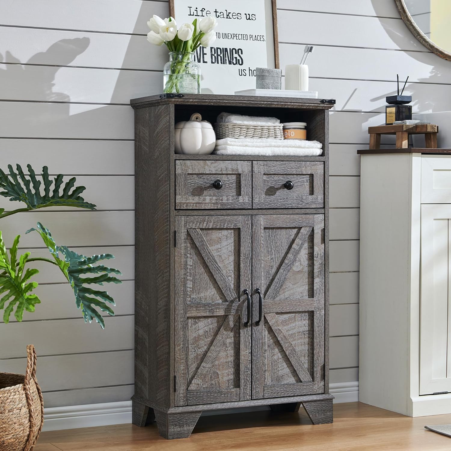 Farmhouse Bathroom Floor Cabinet with Drawer and Barn Doors - Grey