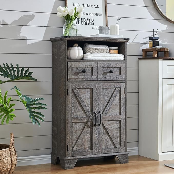 Farmhouse Bathroom Floor Cabinet with Drawer and Barn Doors - Grey