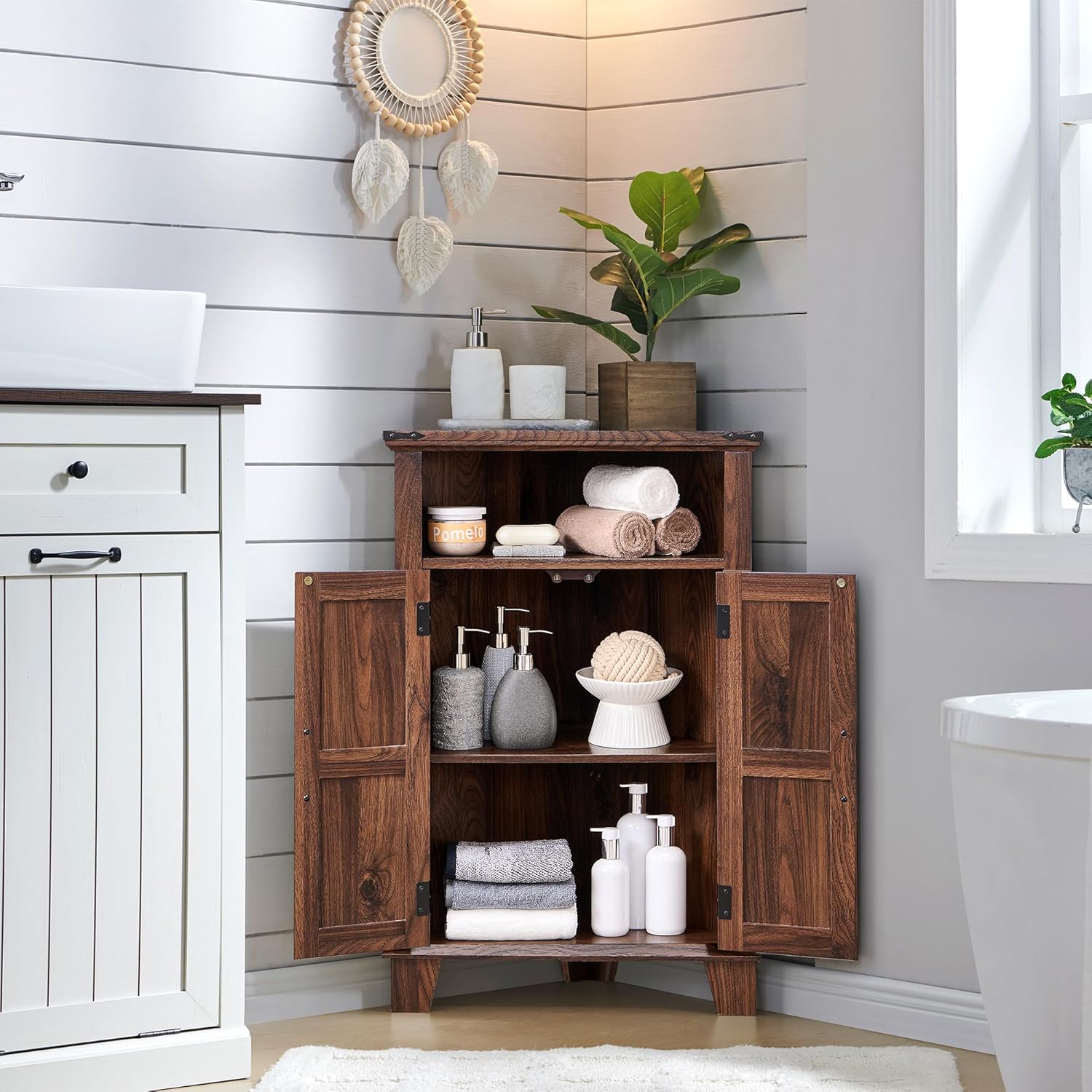 Farmhouse Corner Bathroom Cabinet with Barn Door and Adjustable Shelf