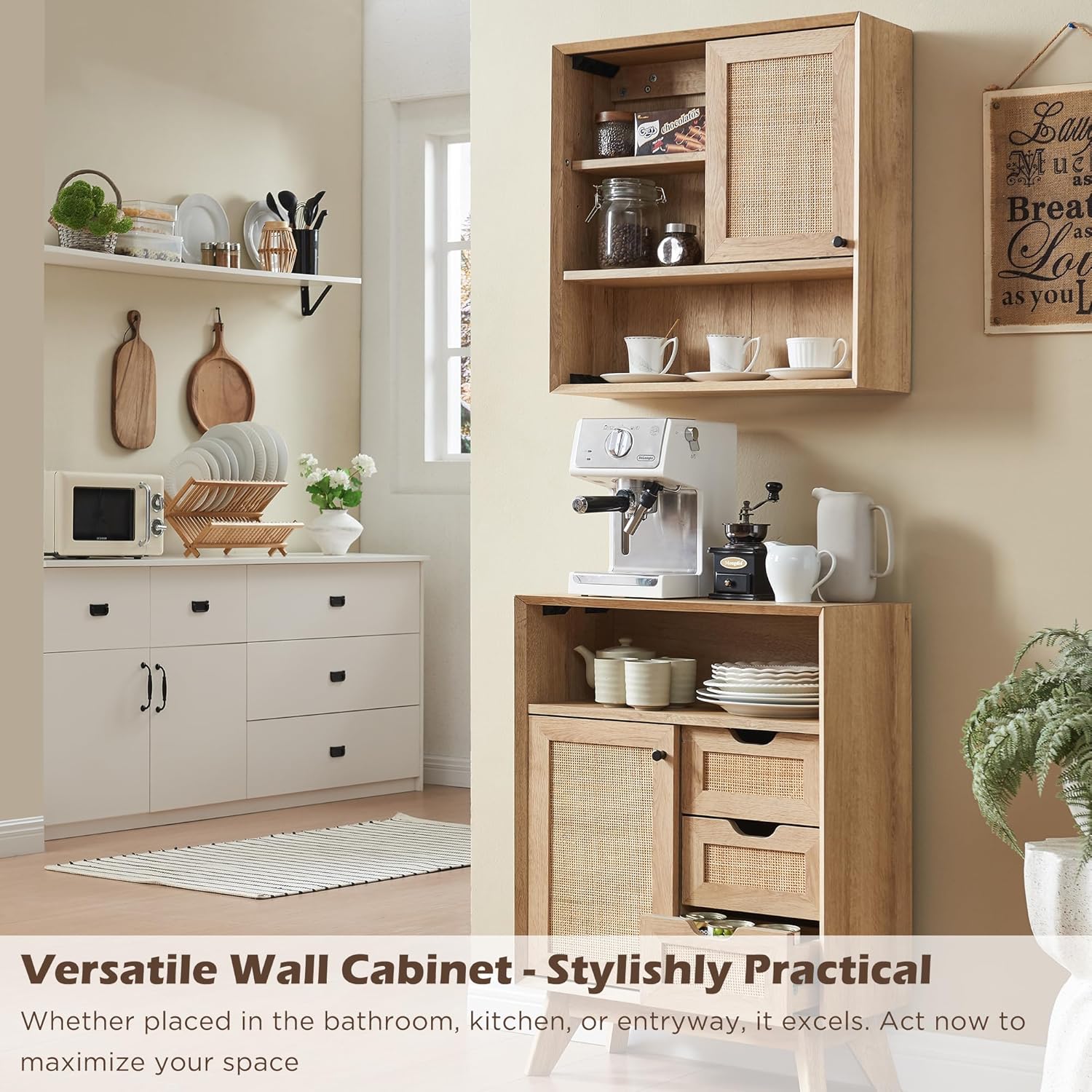 OKD Hand-Woven Rattan Wall Storage Cabinet with Adjustable Shelves