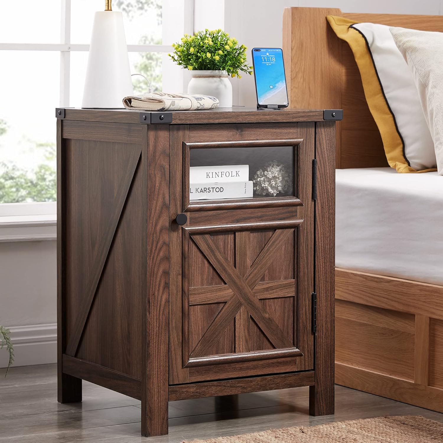 Farmhouse End Table with Charging Station Rustic Barn Door Nightstand