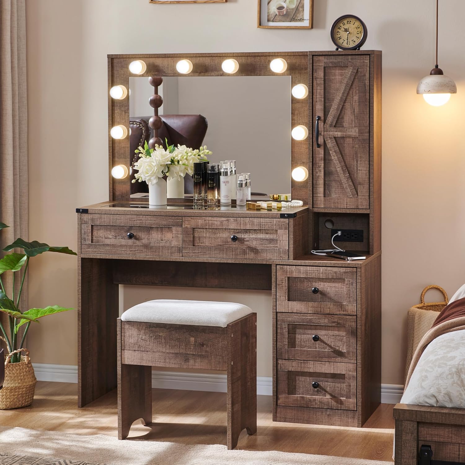 Farmhouse Style Vanity Makeup Desk 43" with Lighted Mirror & Charging
