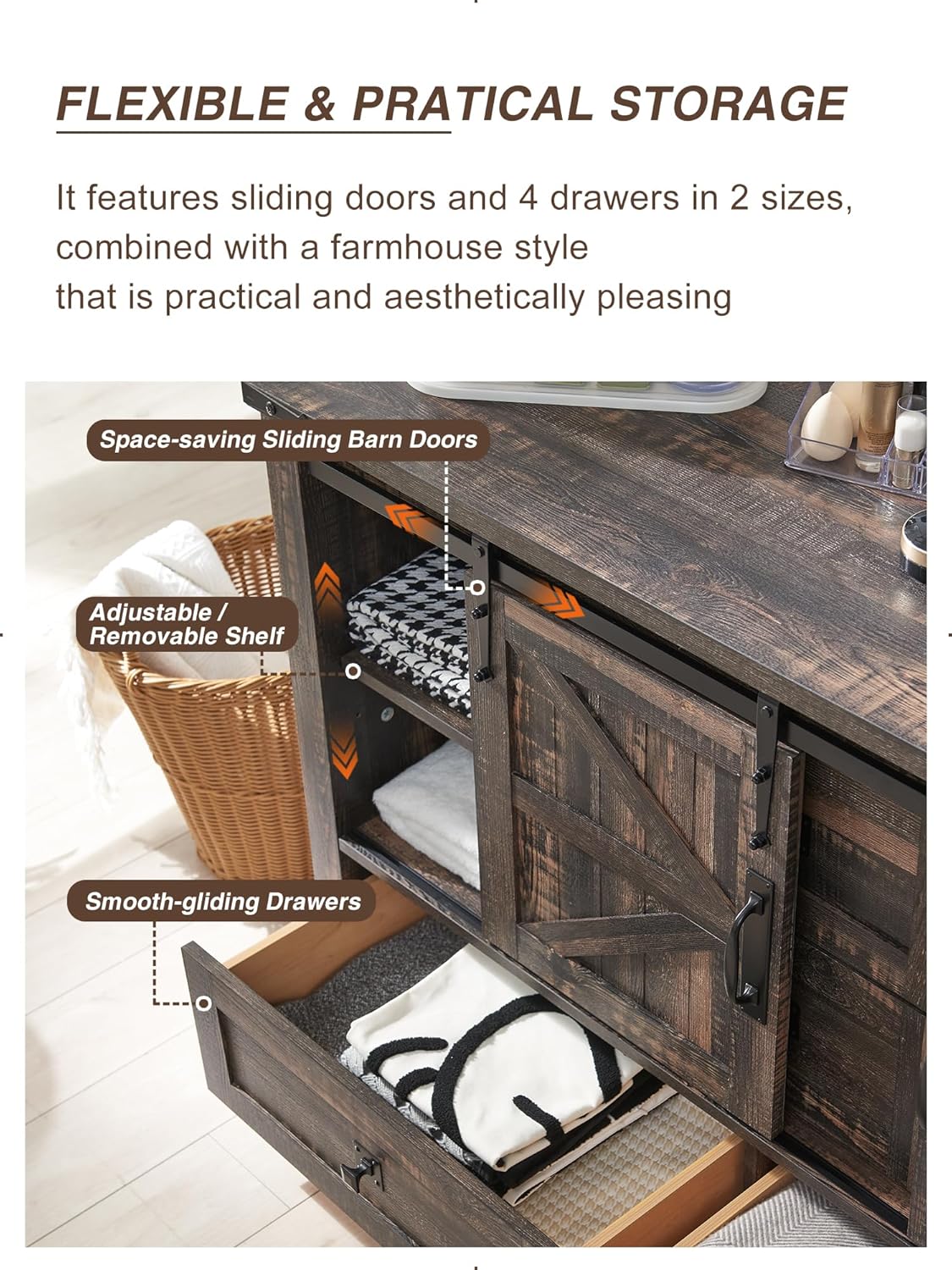 Rustic Farmhouse Dresser with Barn Doors, 4 Drawers, Dark Oak