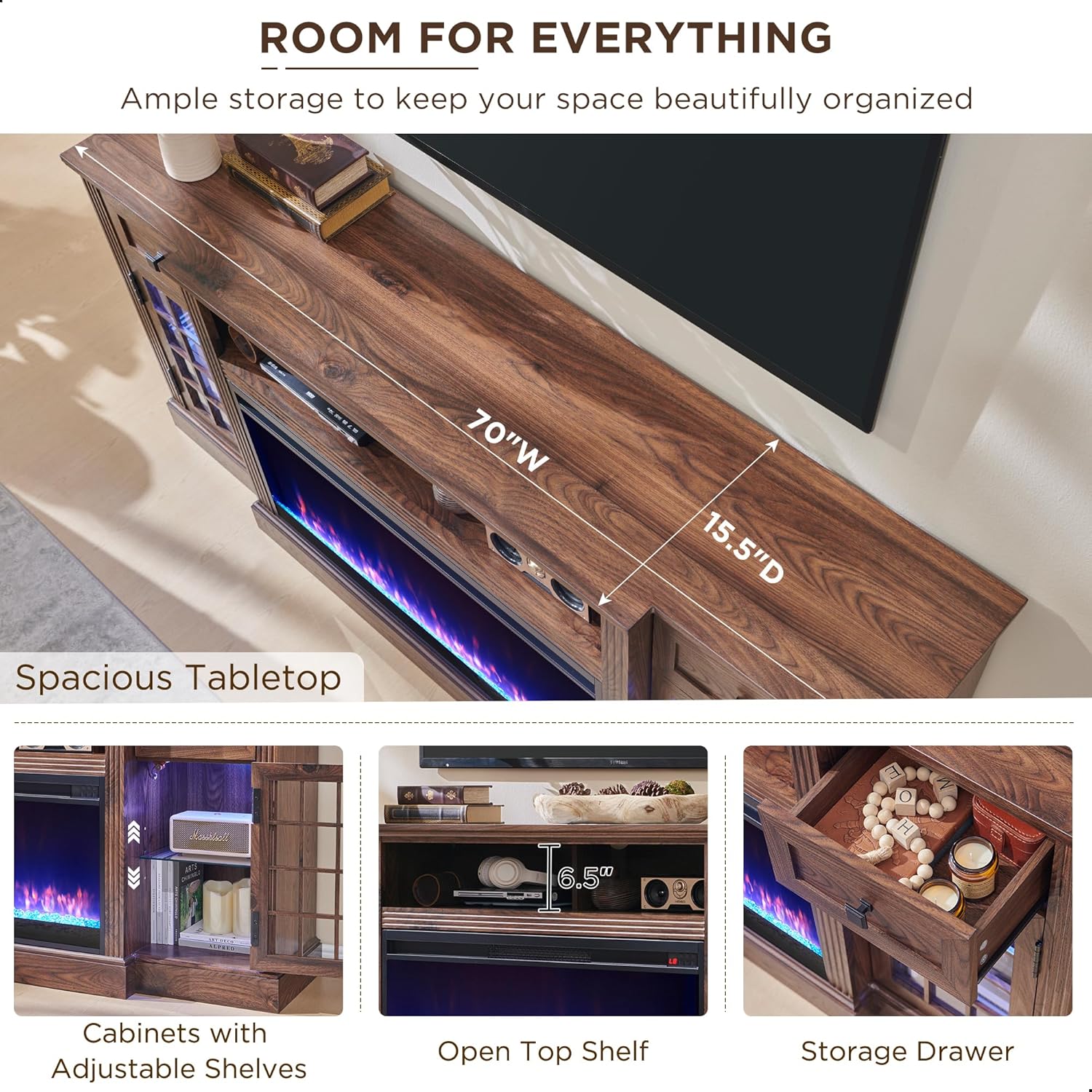 Farmhouse Highboy Entertainment Center with LED Lights and Electric Fireplace