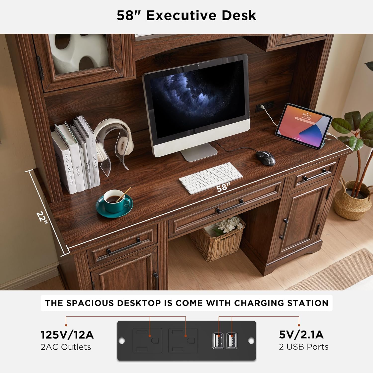 Farmhouse Computer Desk with Hutch, Charging Station and Storage