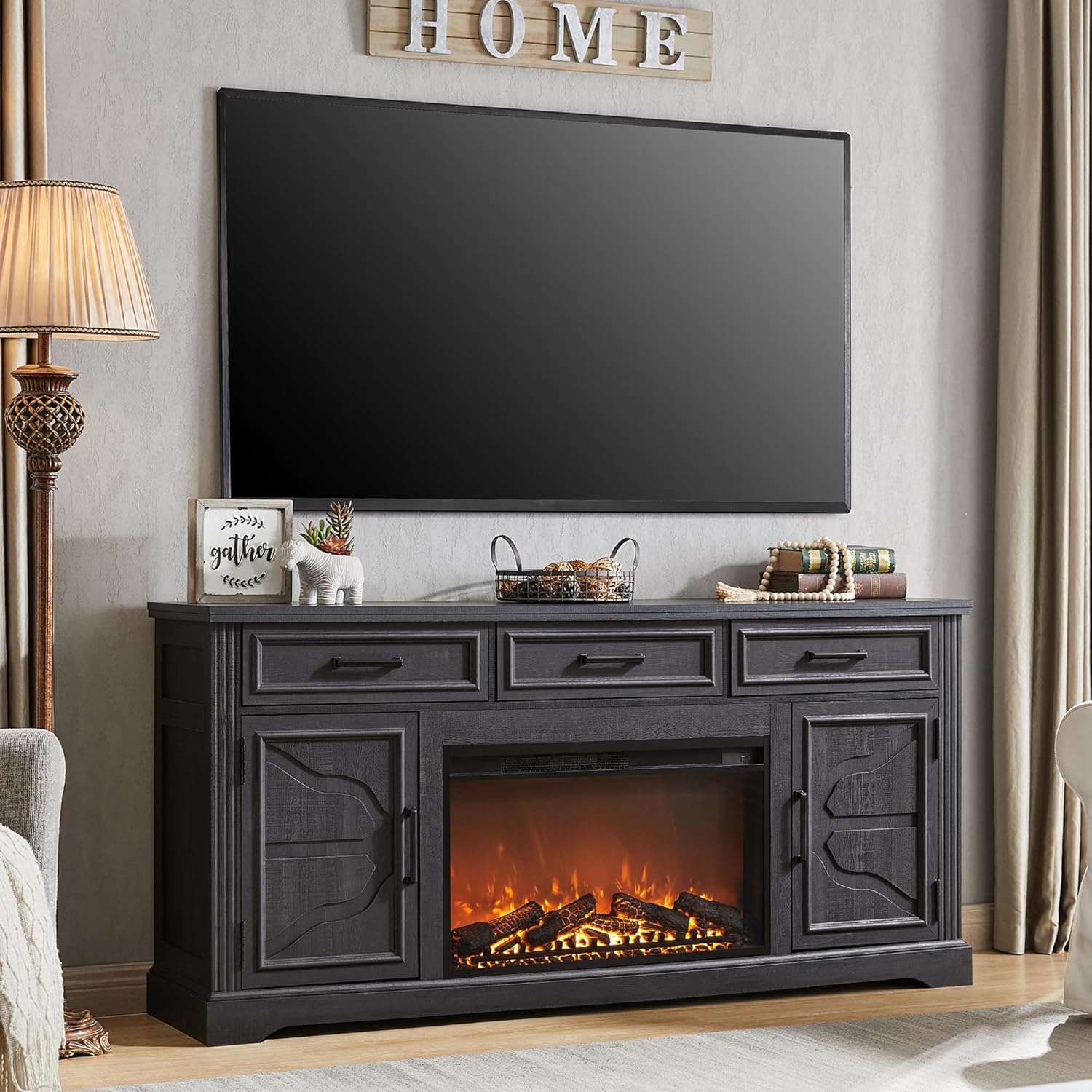 Farmhouse Fireplace TV Stand Entertainment Center with Electric Fireplace