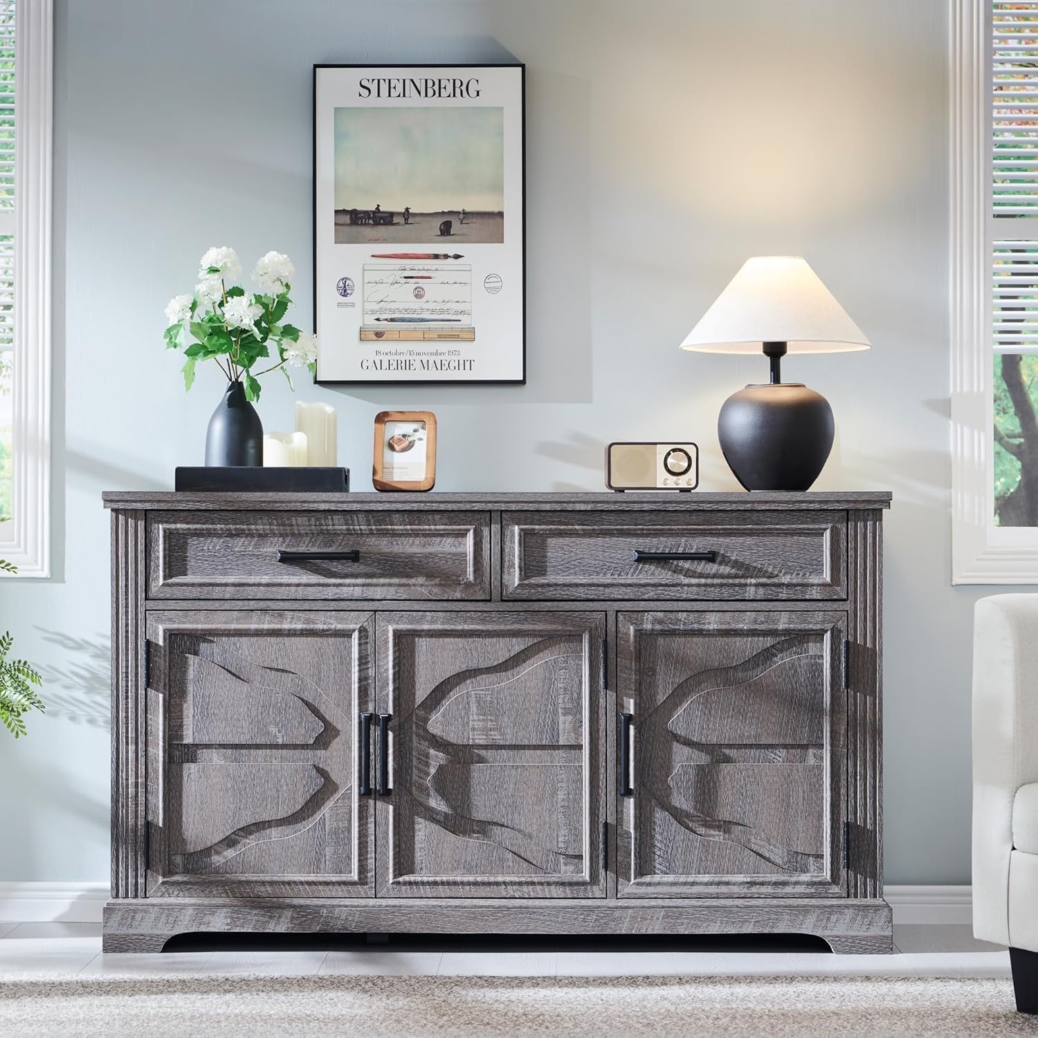Modern 55-Inch Dark Grey Buffet, Coffee, and Wine Bar Cabinet