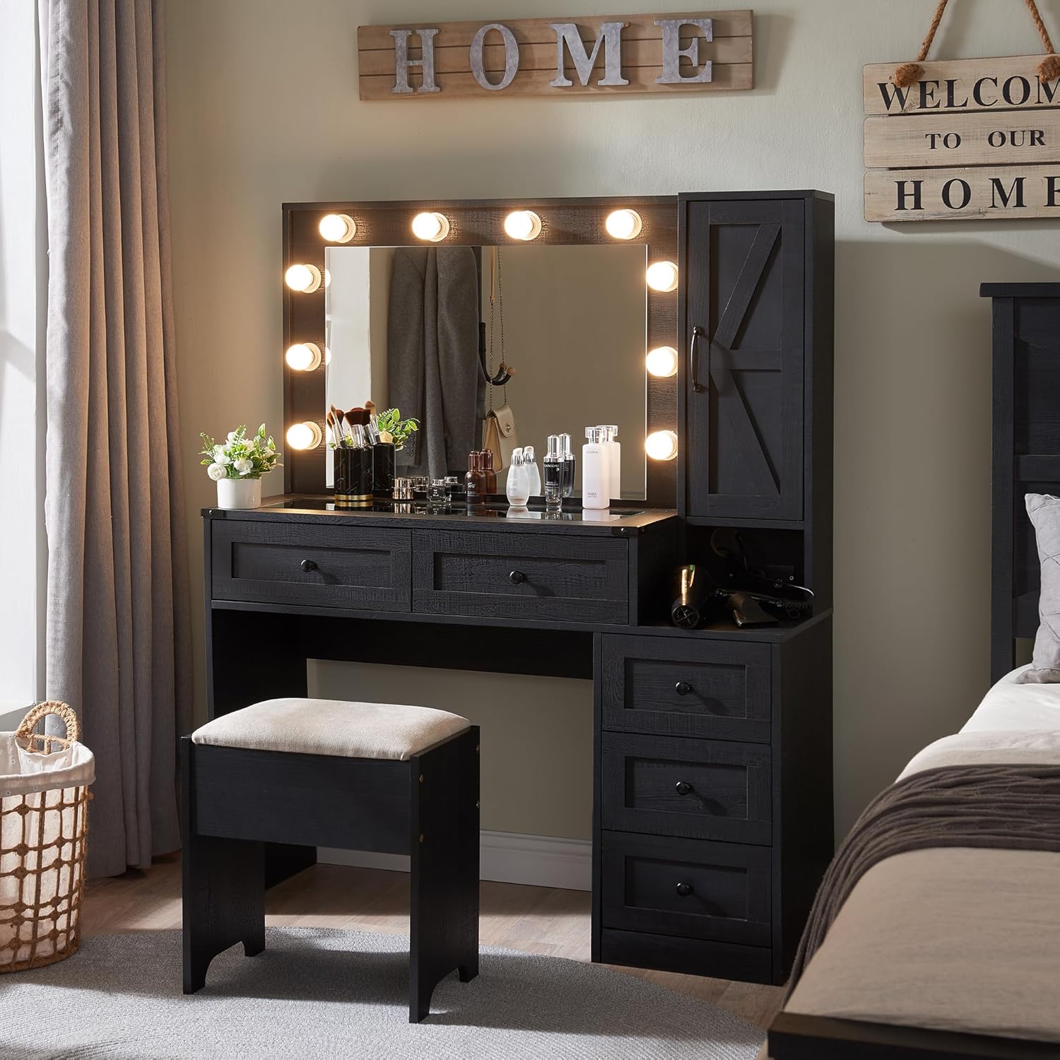 Farmhouse Style Vanity Makeup Desk 43" with Lighted Mirror & Charging