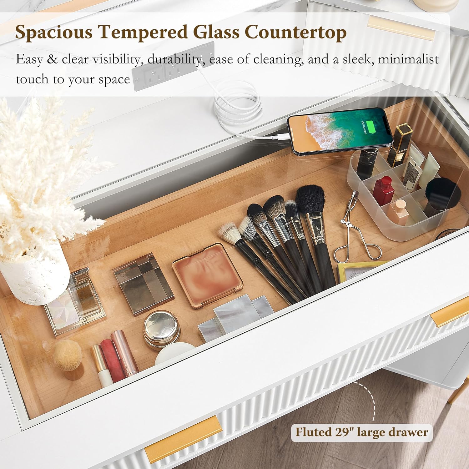Fluted Corner Vanity Desk with Lighted Mirror and Charging Outlet