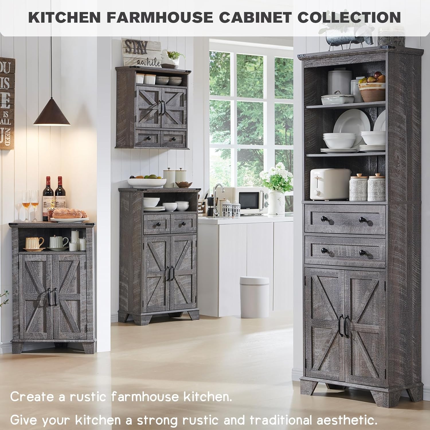 Farmhouse Bathroom Floor Cabinet with Drawer and Barn Doors - Grey