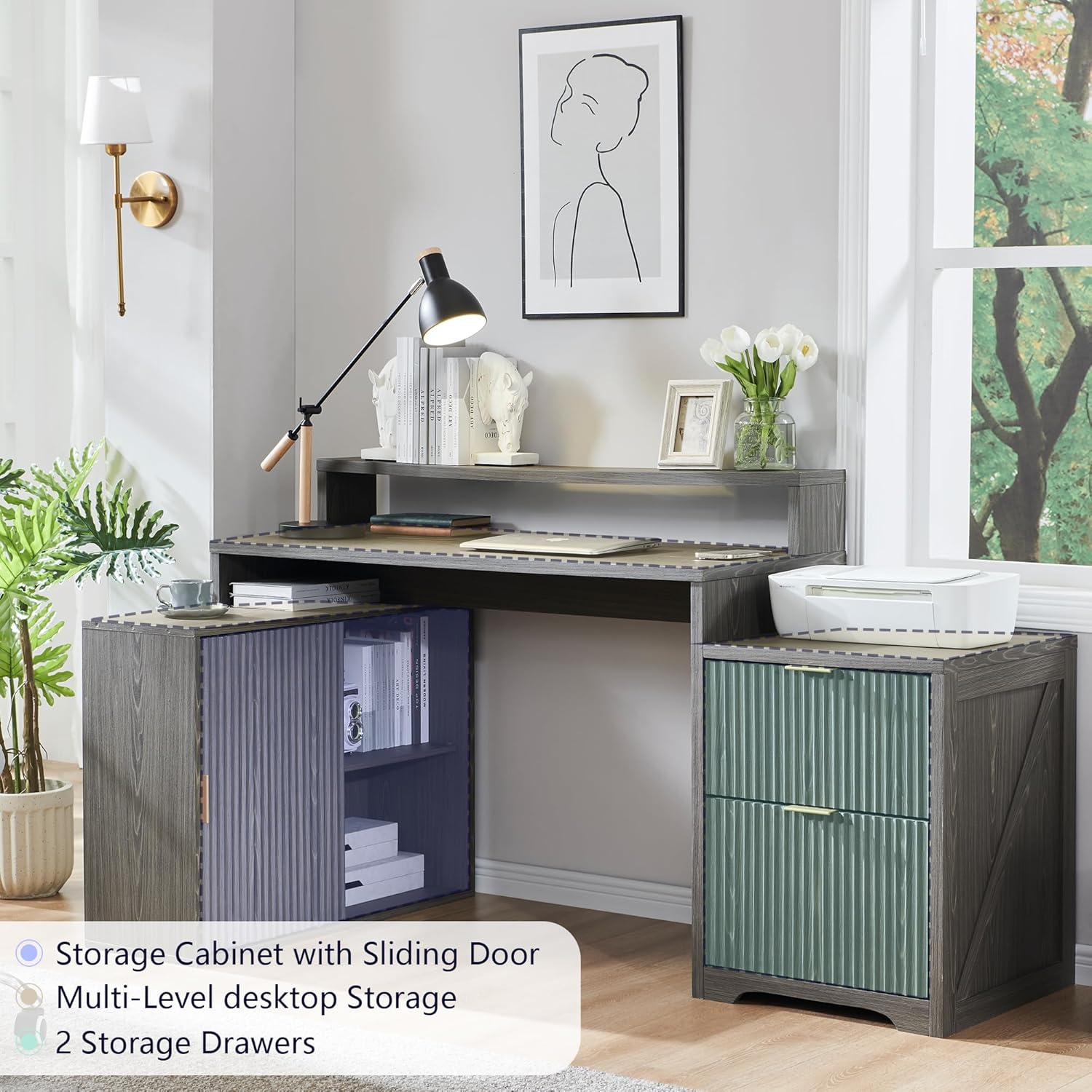 Modern 67" L-Shaped Desk with Storage & Power Outlets
