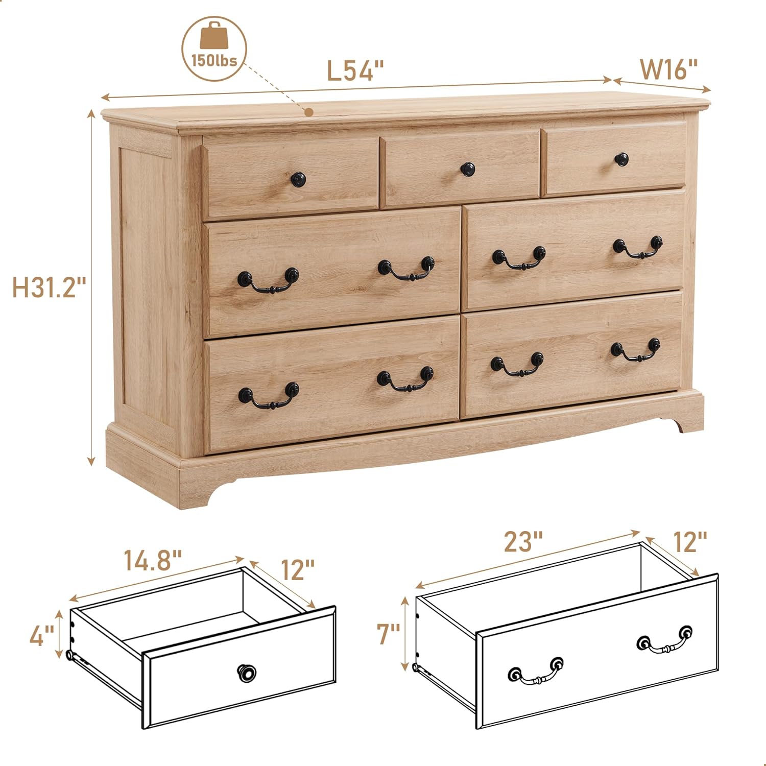 Rustic 7 Drawer Wood Dresser Chest for Bedroom