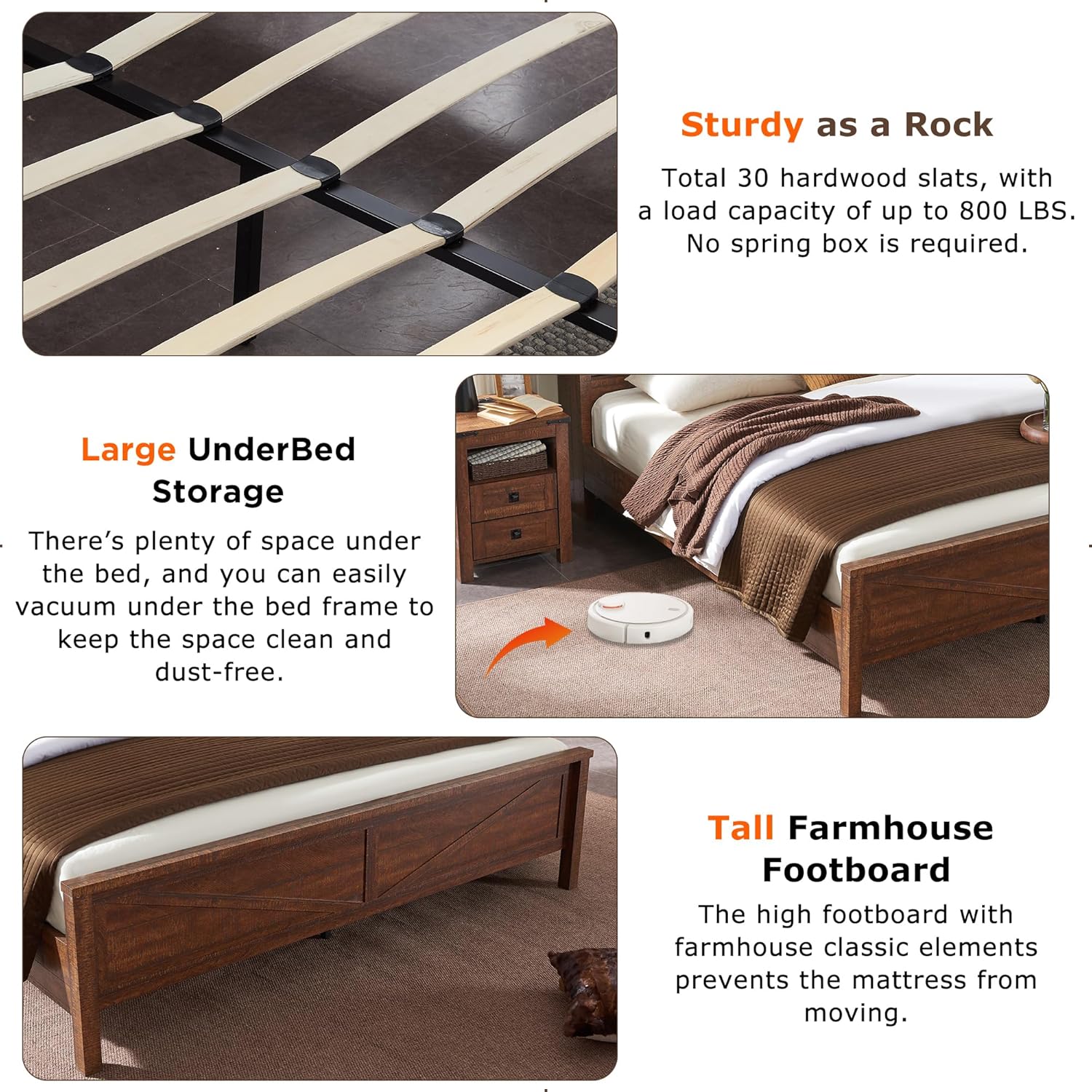 Rustic Farmhouse King Bed Frame with Bookcase Headboard and Charging Station