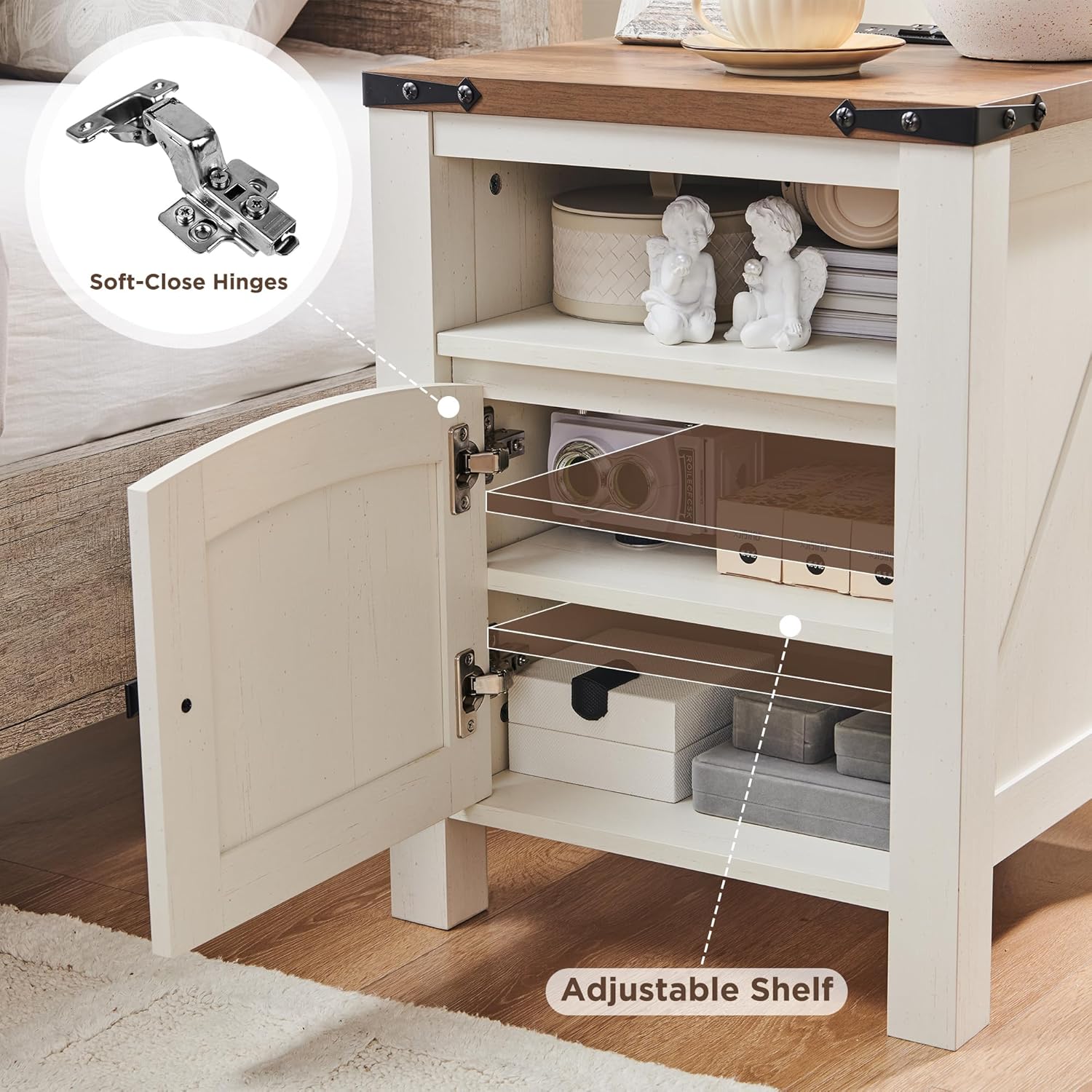 OKD Farmhouse Nightstand with Charging Station Rustic End Table