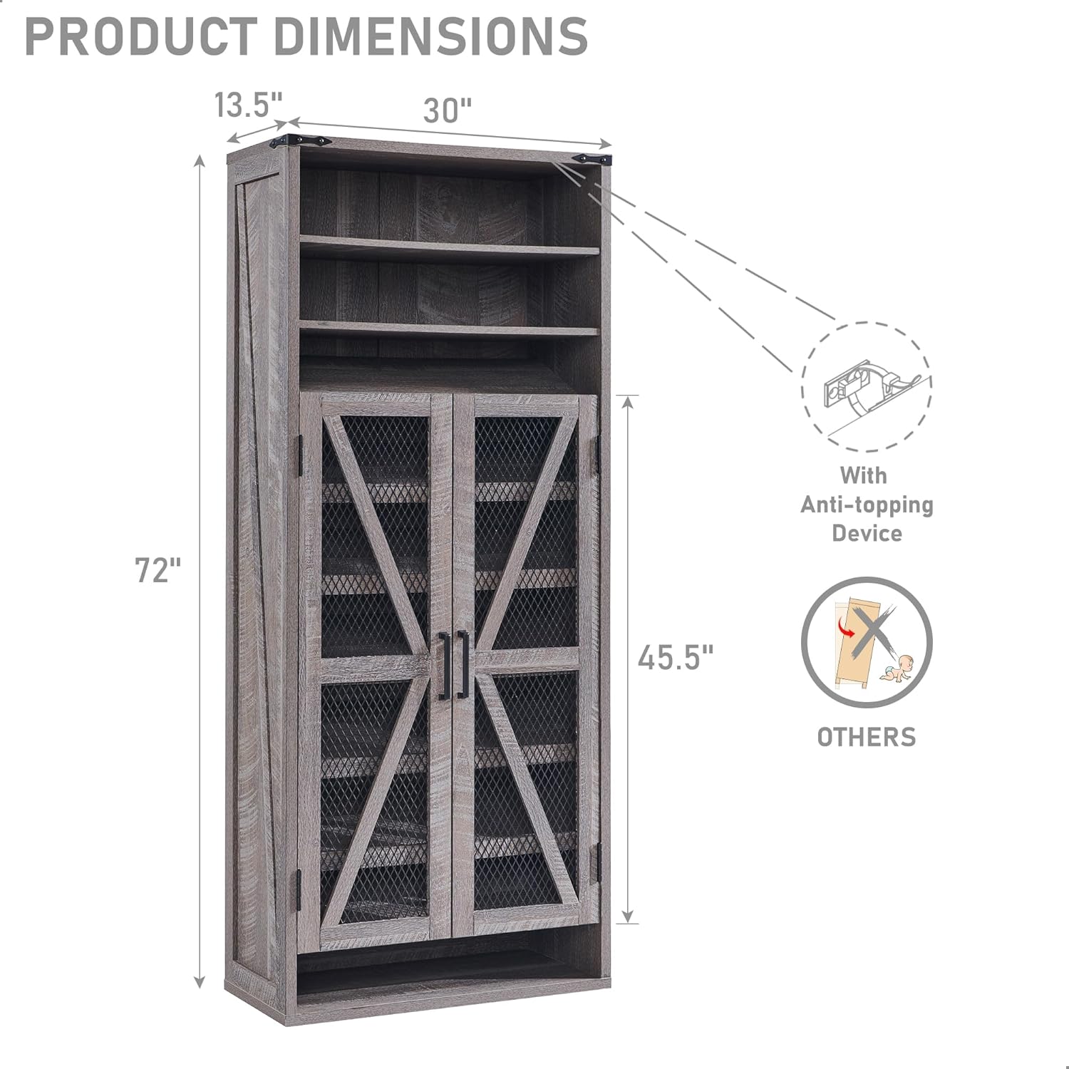 72" Tall Farmhouse Shoe Cabinet – Mesh Door, Adjustable Shelves, Grey
