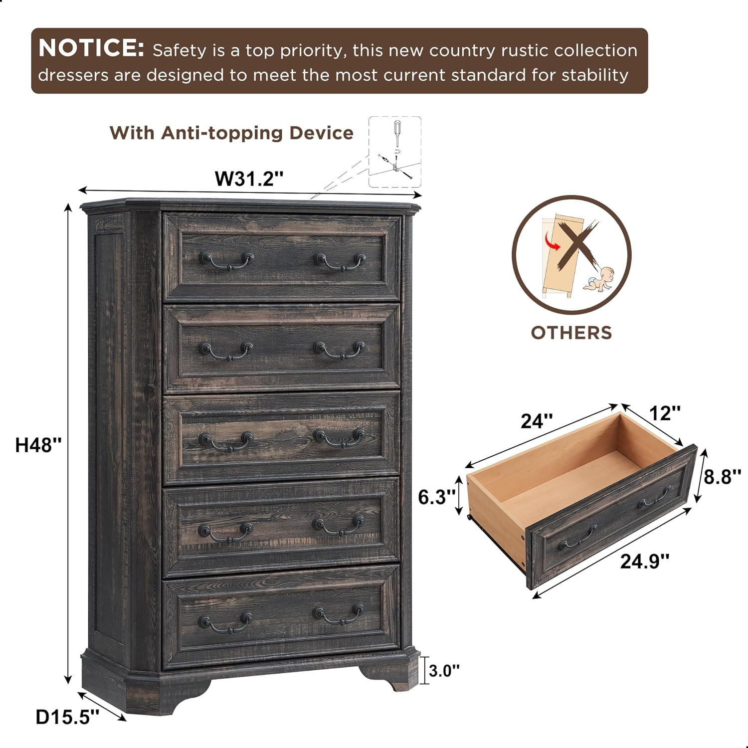 Farmhouse 5-Drawer Dresser: Rustic Wood Chest for Bedroom Storage