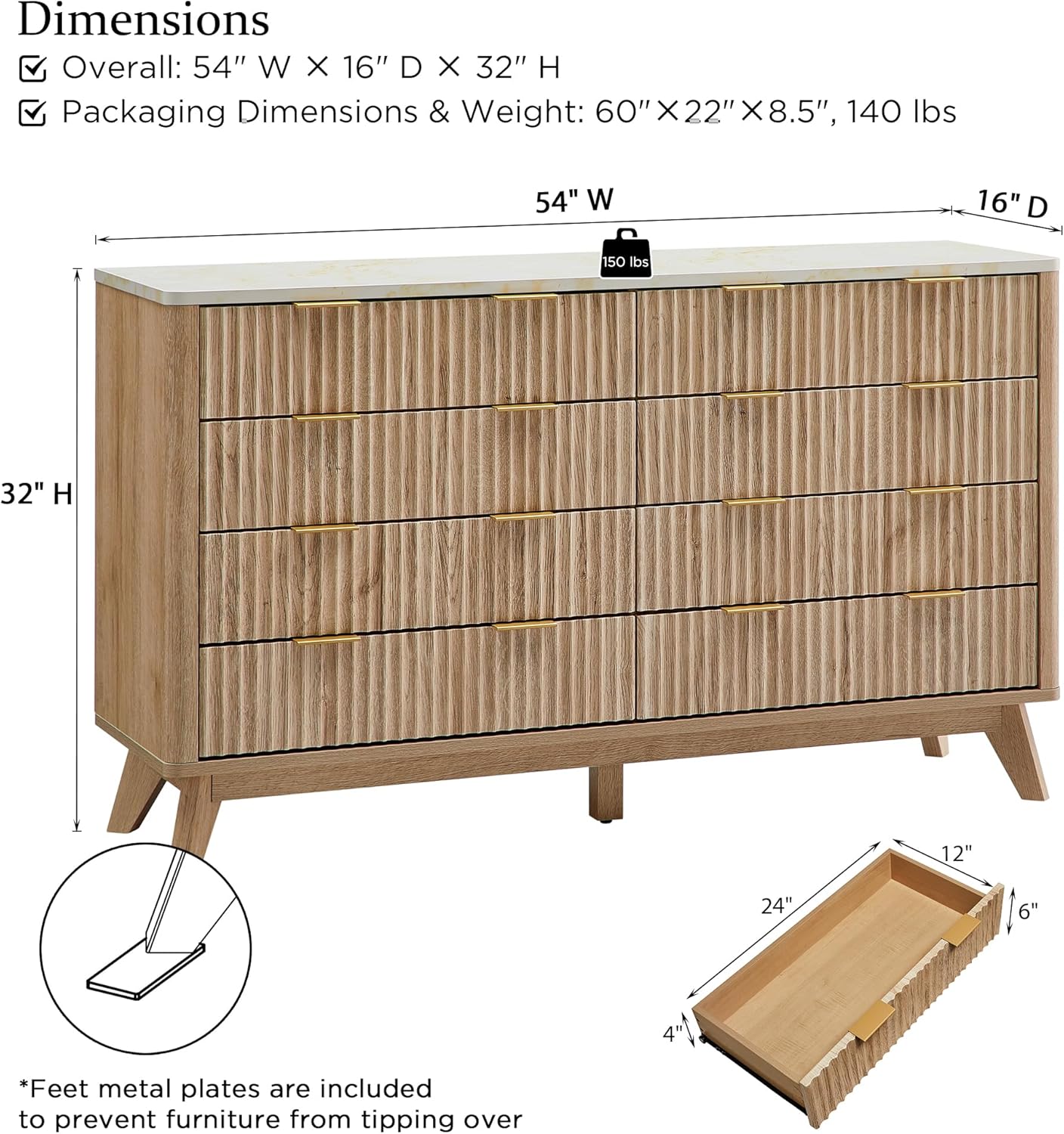 Modern Fluted 8-Drawer Dresser, Wide Chest with Faux Marble Top